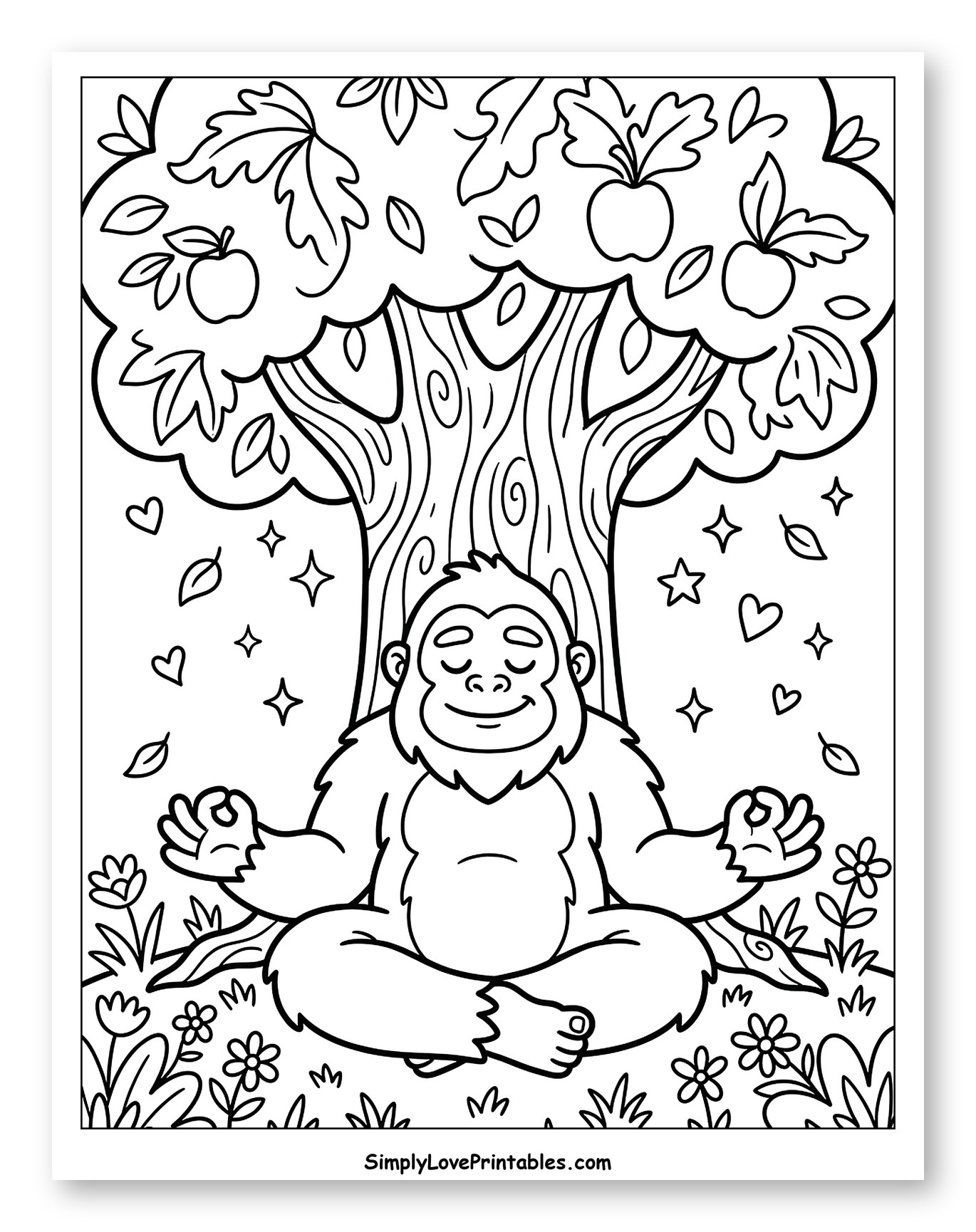 Bigfoot Meditating Under an Apple Tree to Color for Adults