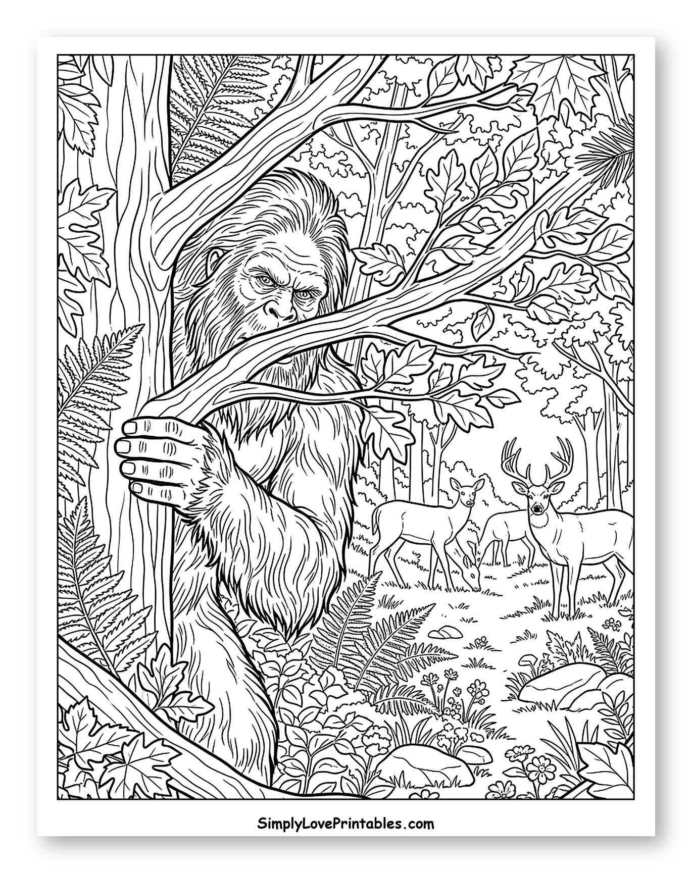 Bigfoot Peeking at Deer in a Forest