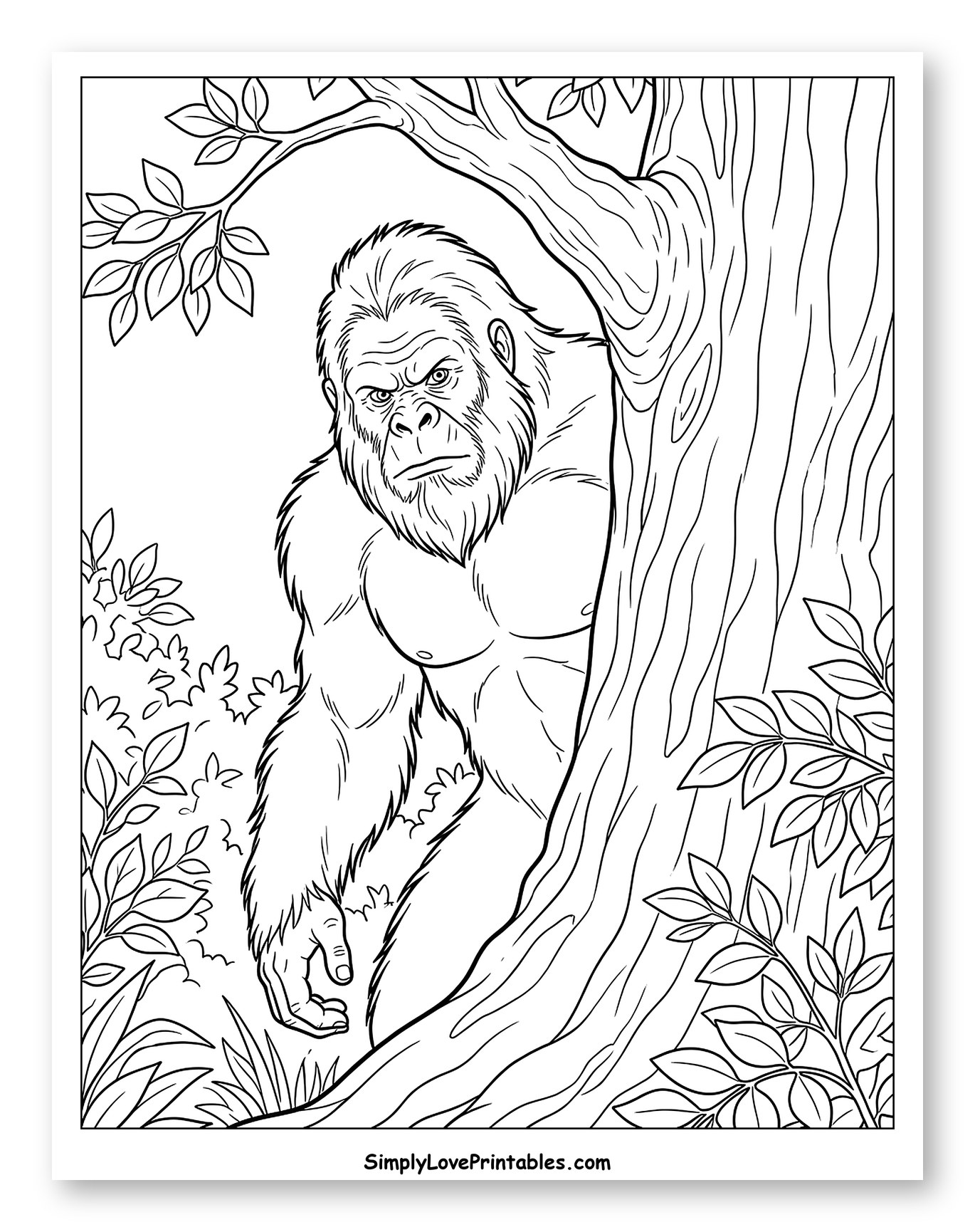 Bigfoot Peeking From Behind a Tree Coloring Page