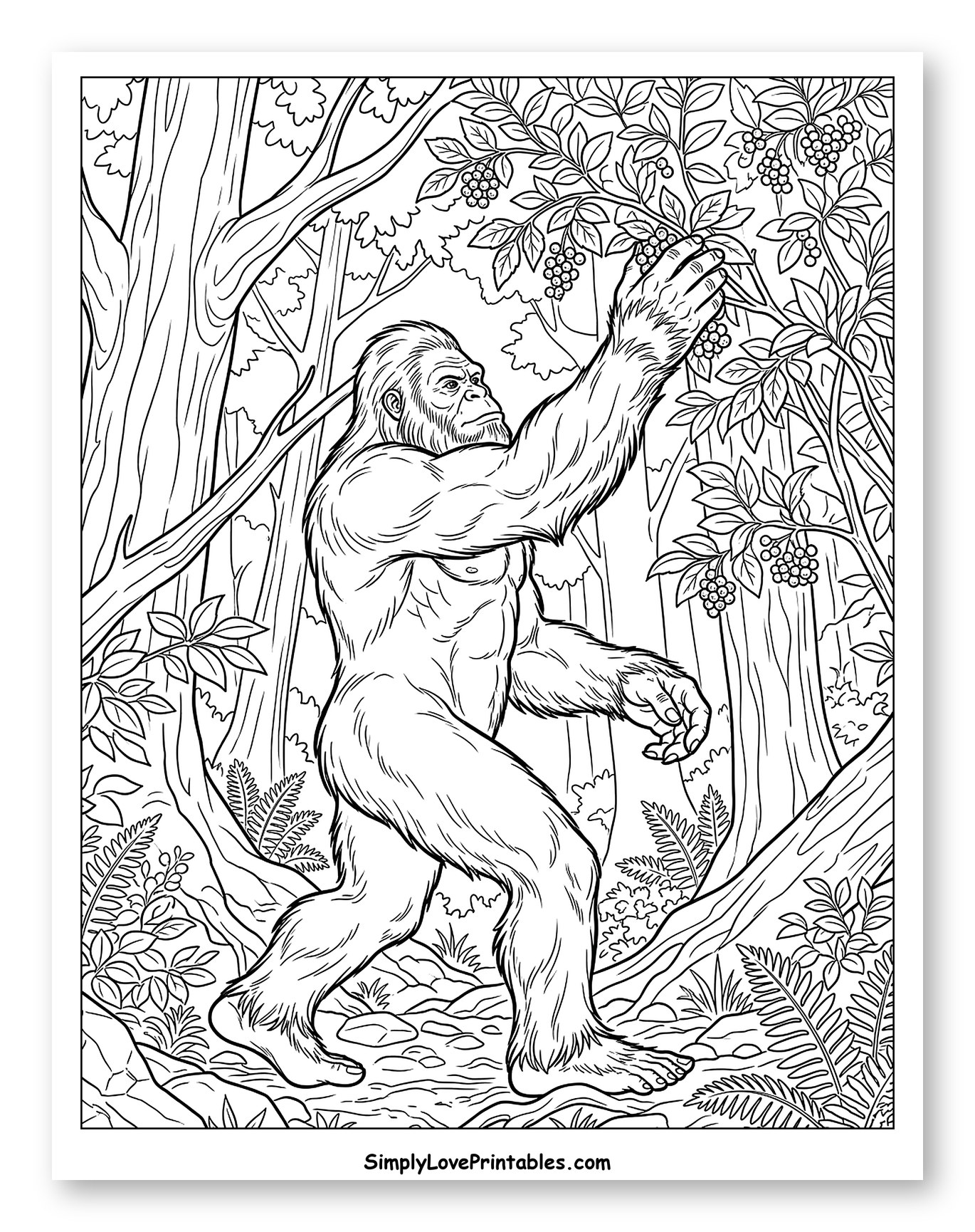 Bigfoot Picking Berries in a Lush Forest Coloring Sheet