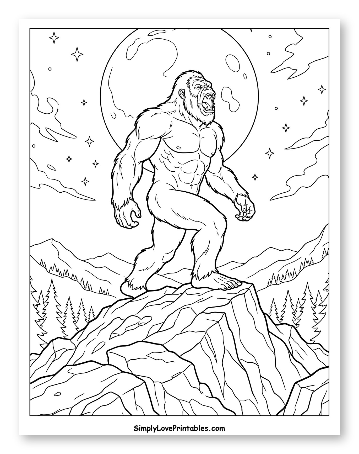 Bigfoot Roaring on a Mountain at Night