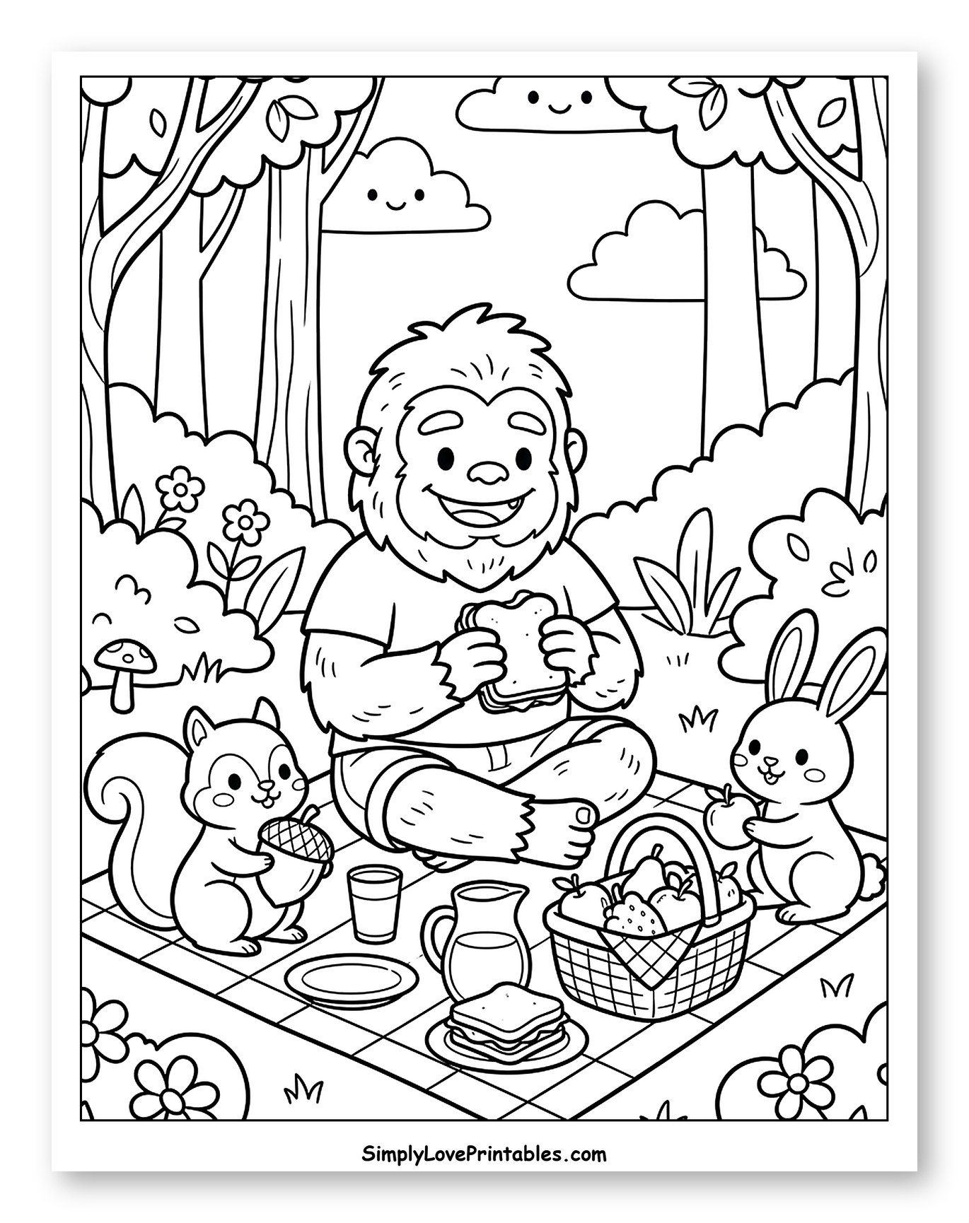 Bigfoot's Outdoor Picnic with Friendly Animals Coloring Sheet for Kids