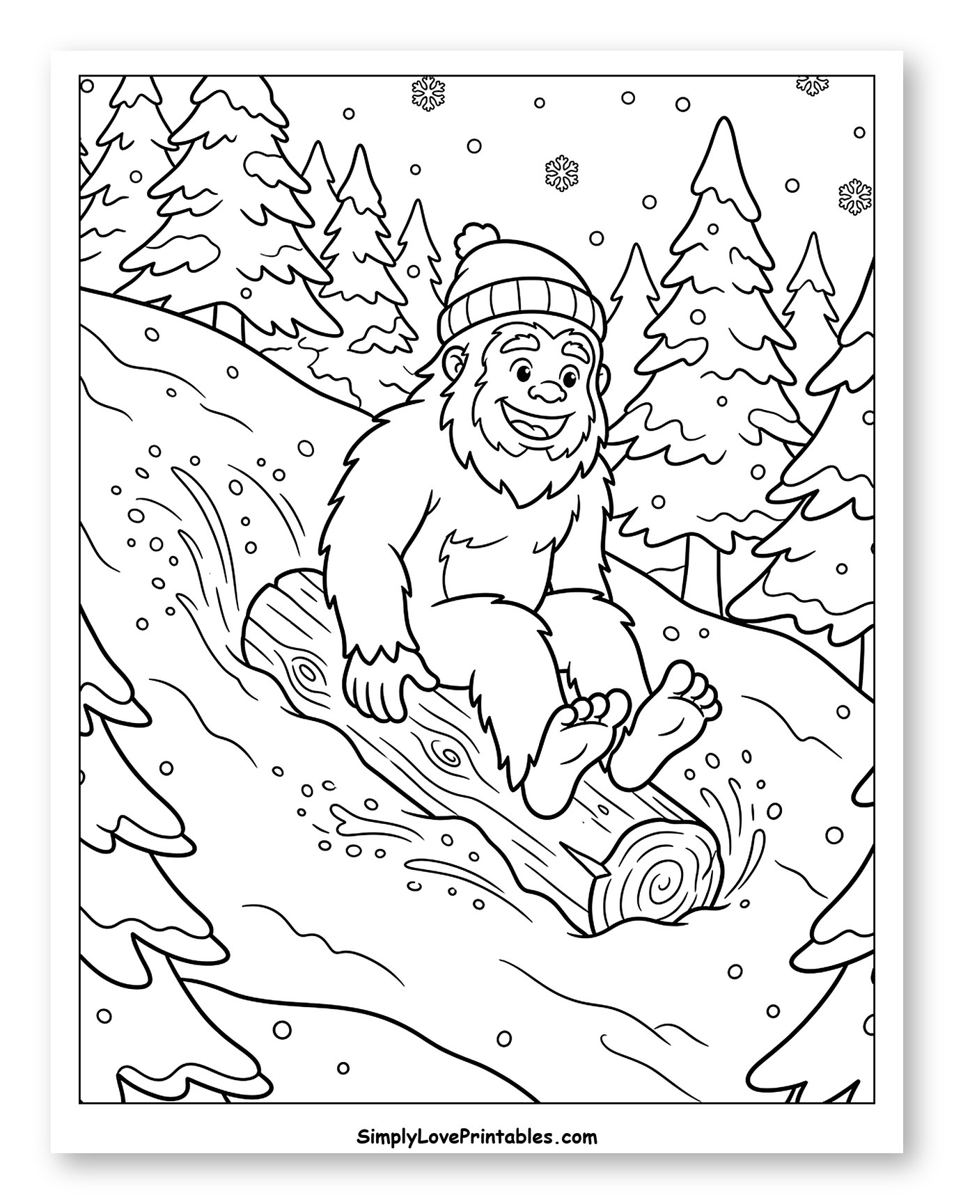Bigfoot Sliding Down Snowy Hill on a Log