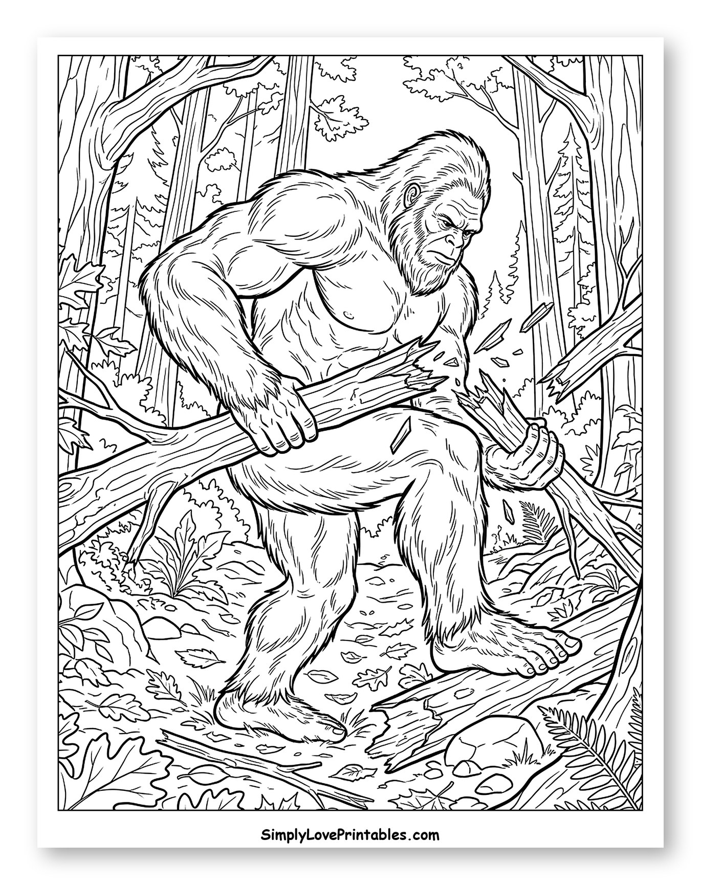 Bigfoot Snapping a Branch in the Forest Coloring Sheet