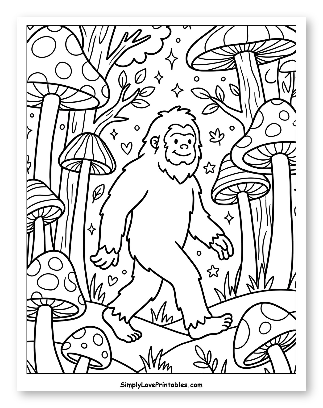 Bigfoot Walking in a Mushroom Forest Coloring Sheet for Adults