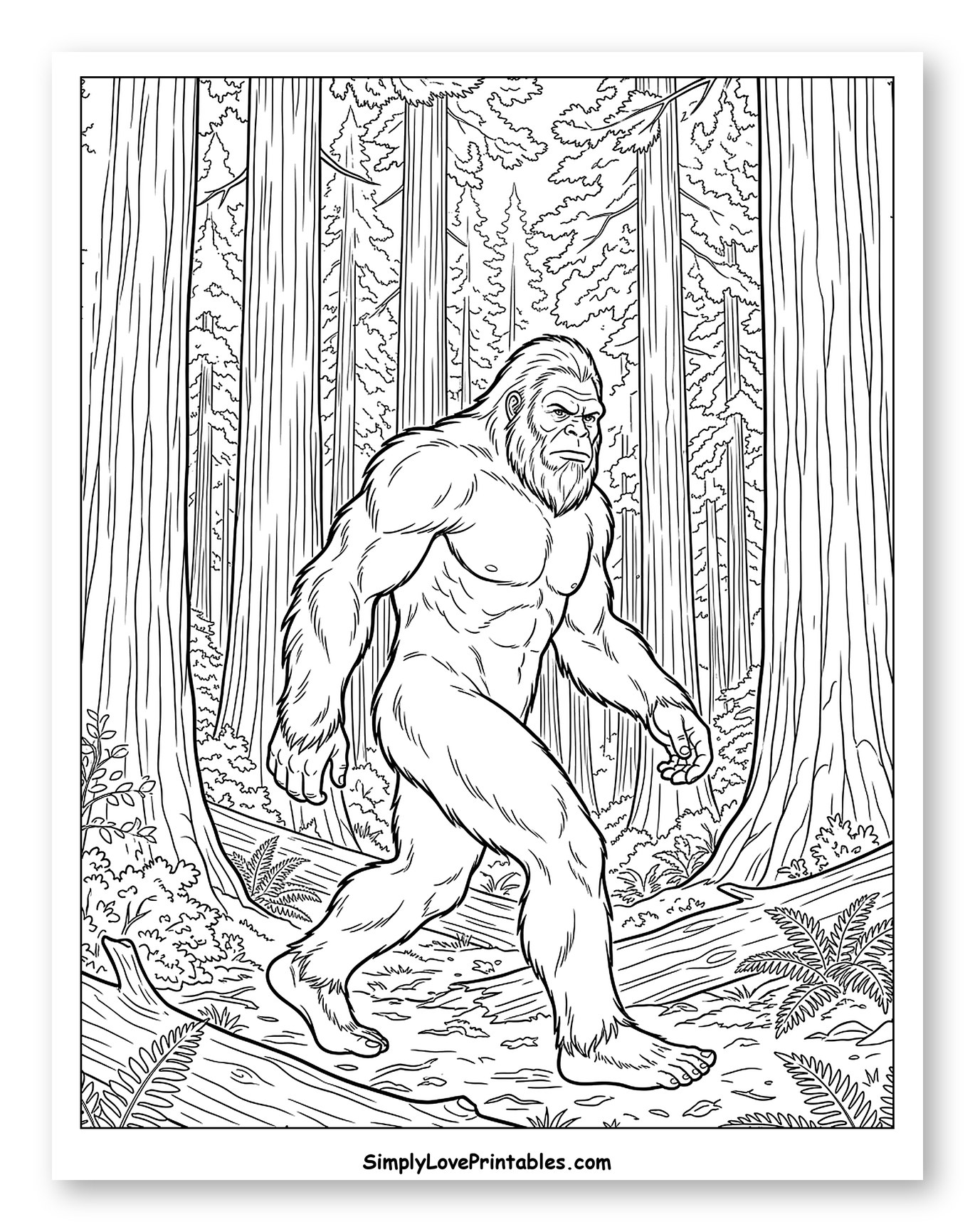 Bigfoot Walking Through a Deep Forest to Color