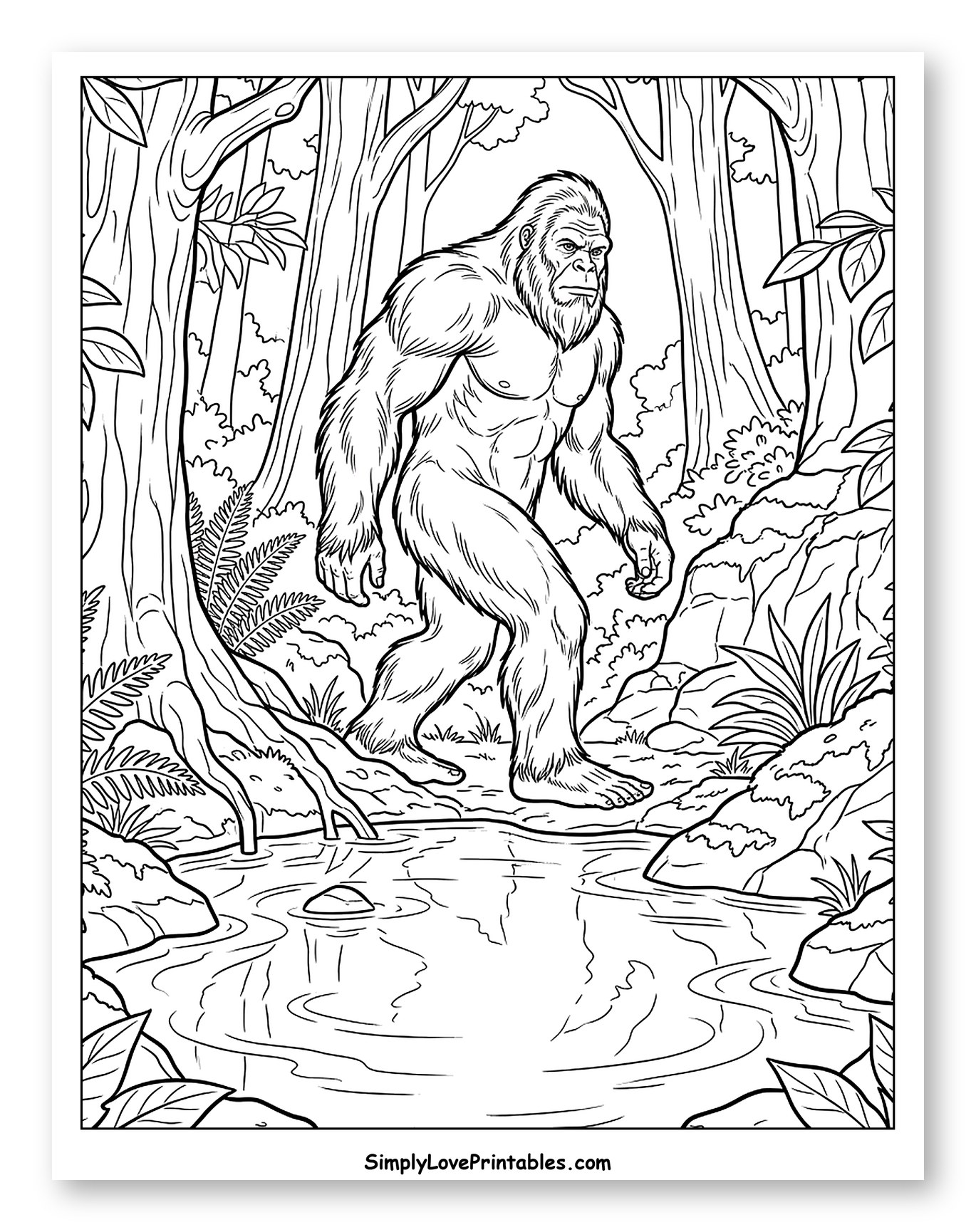 Bigfoot Walking Through a Forest Stream Coloring Page