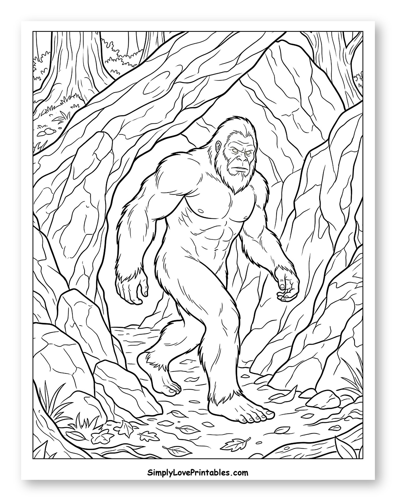 Bigfoot Walking Through a Rocky Forest Path