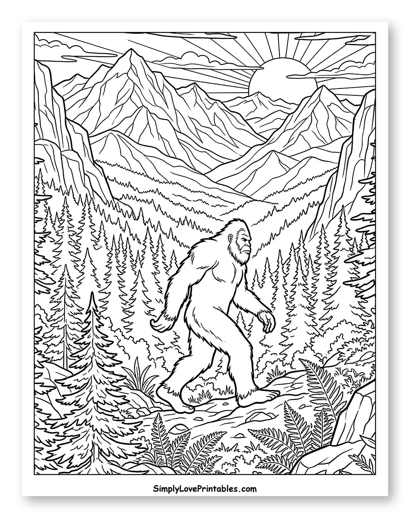 Bigfoot Walking Through Mountain Forest at Sunrise Coloring Sheet