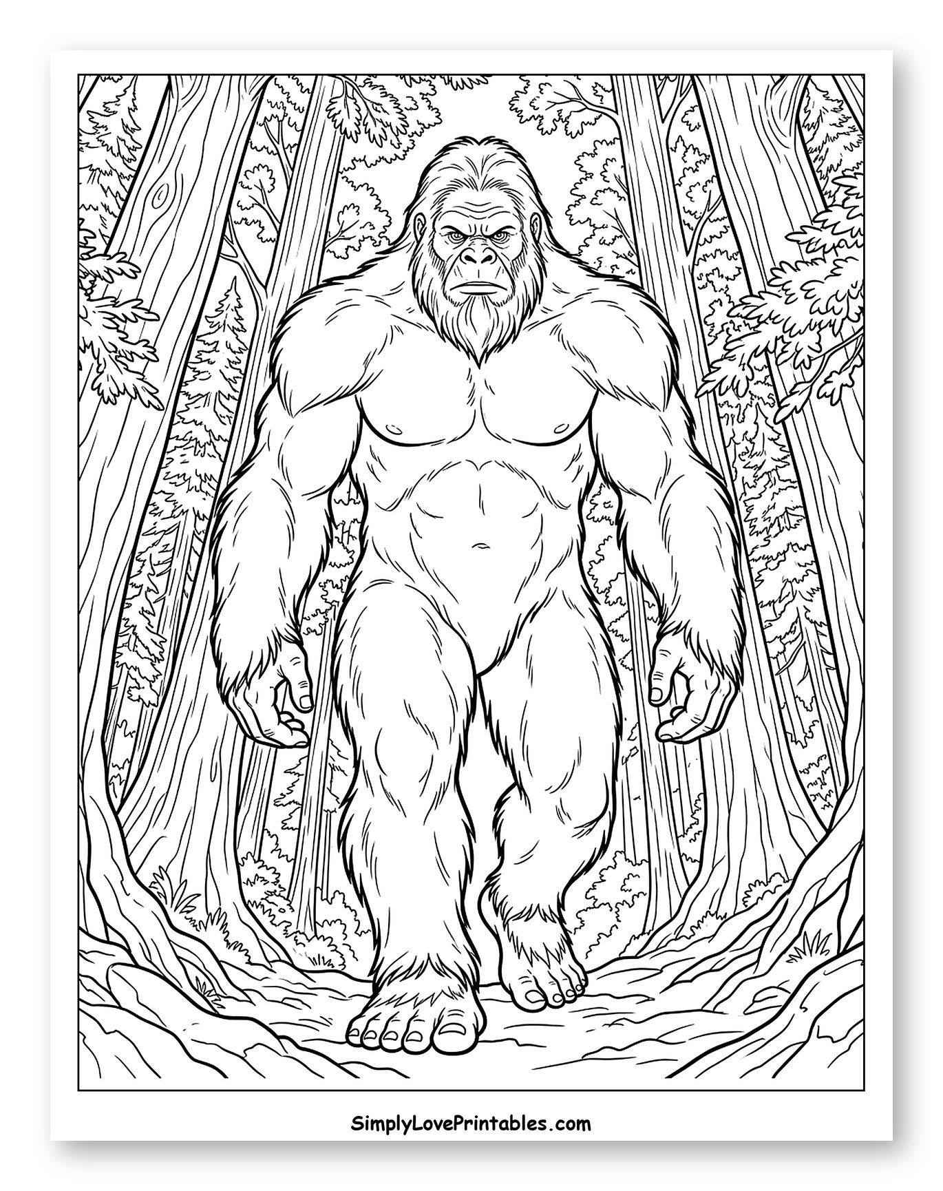 Bigfoot Walking Through the Forest Coloring Page