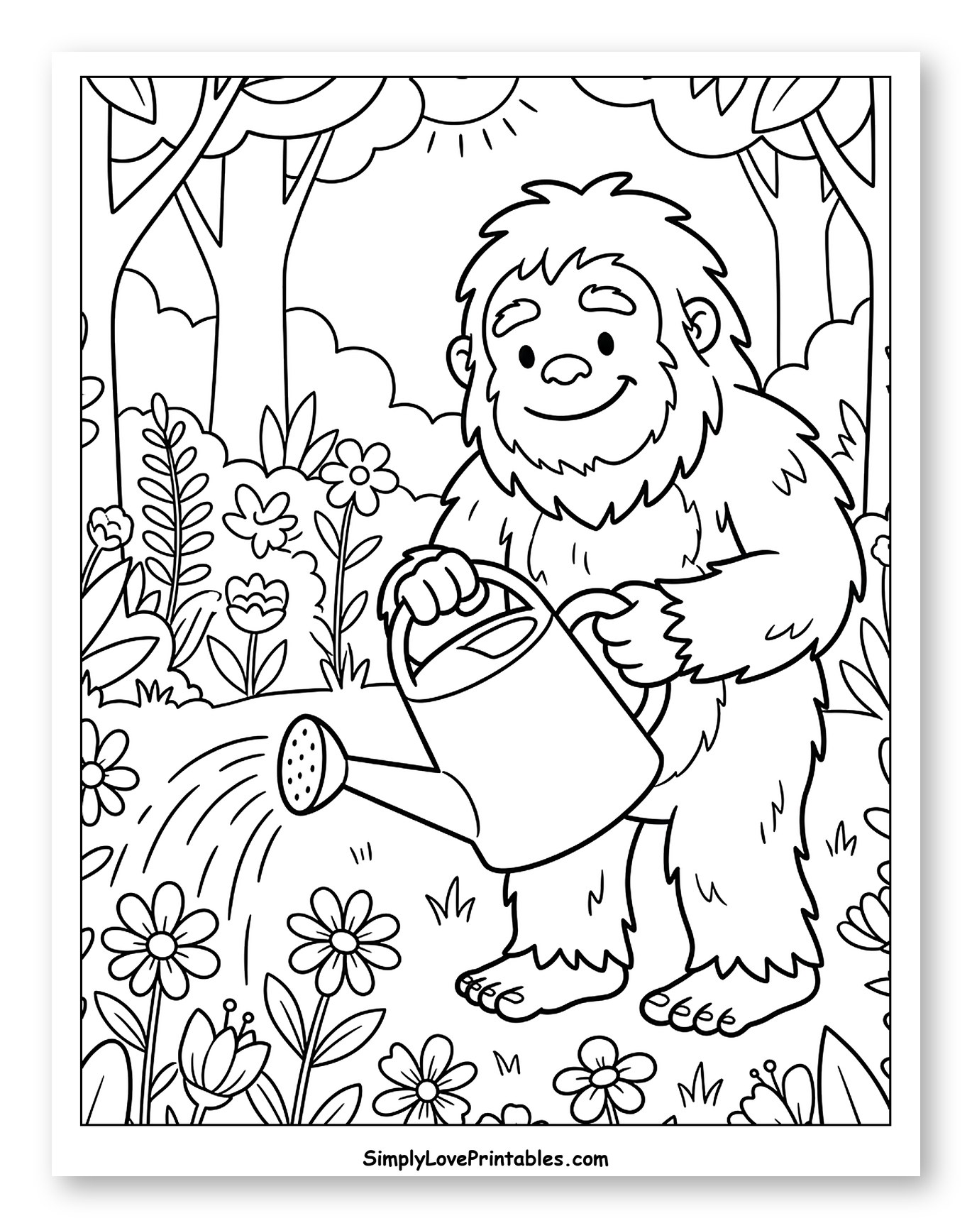 Bigfoot Watering Flowers Under Smiling Sun Coloring Page for Kids