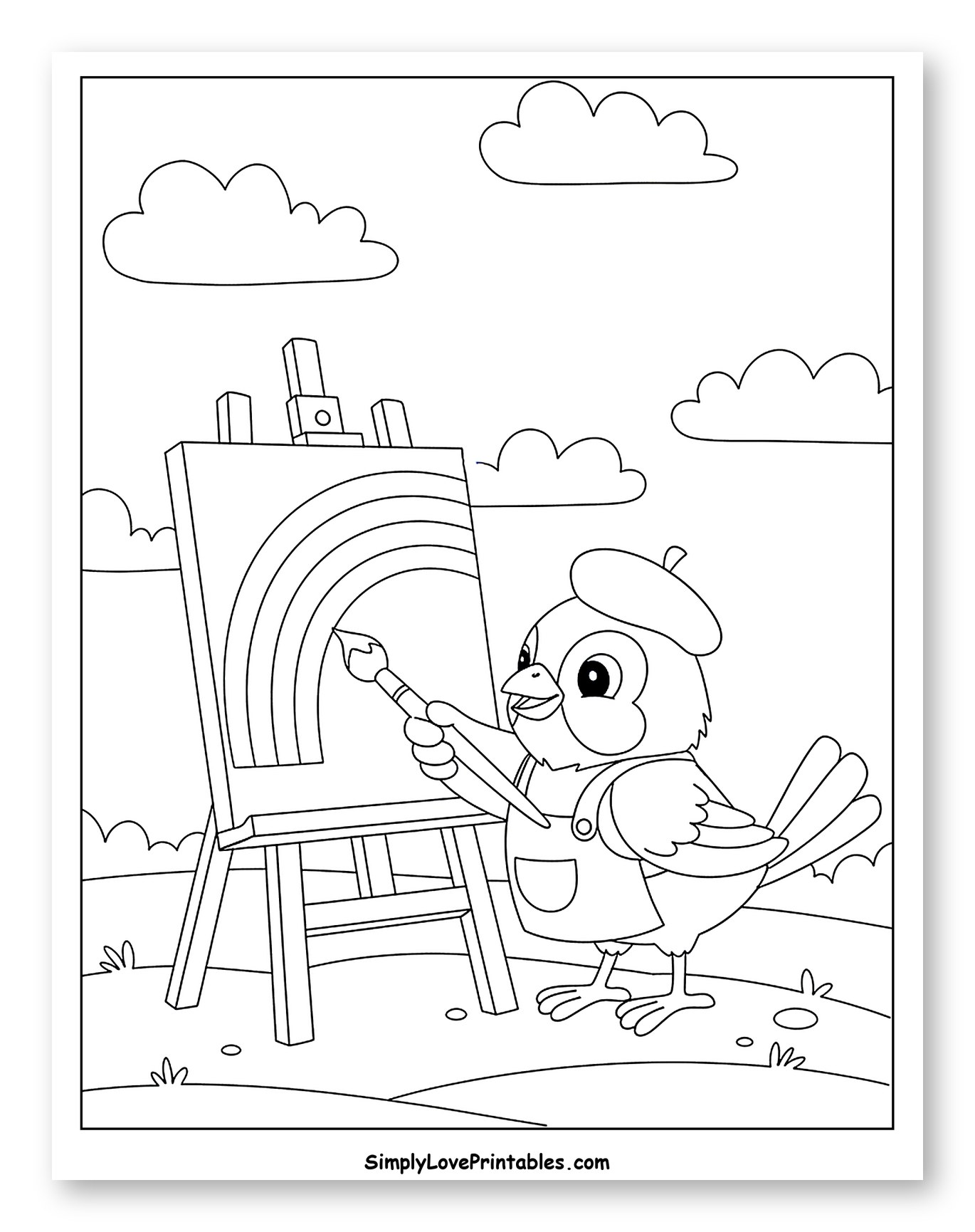 Bird Artist Painting a Rainbow on an Easel Coloring Sheet for Kids
