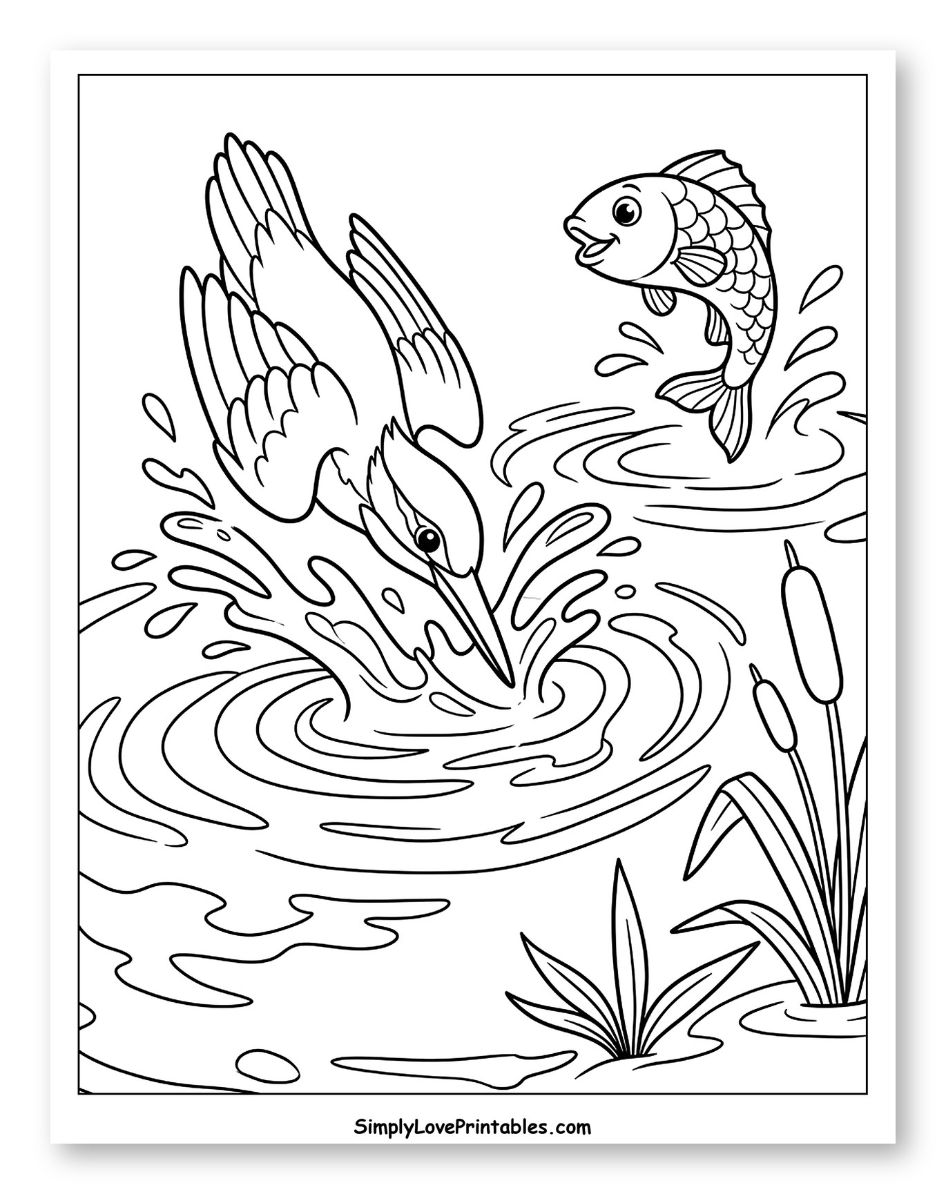 Bird Diving for Fish in Water Coloring Page for Kids