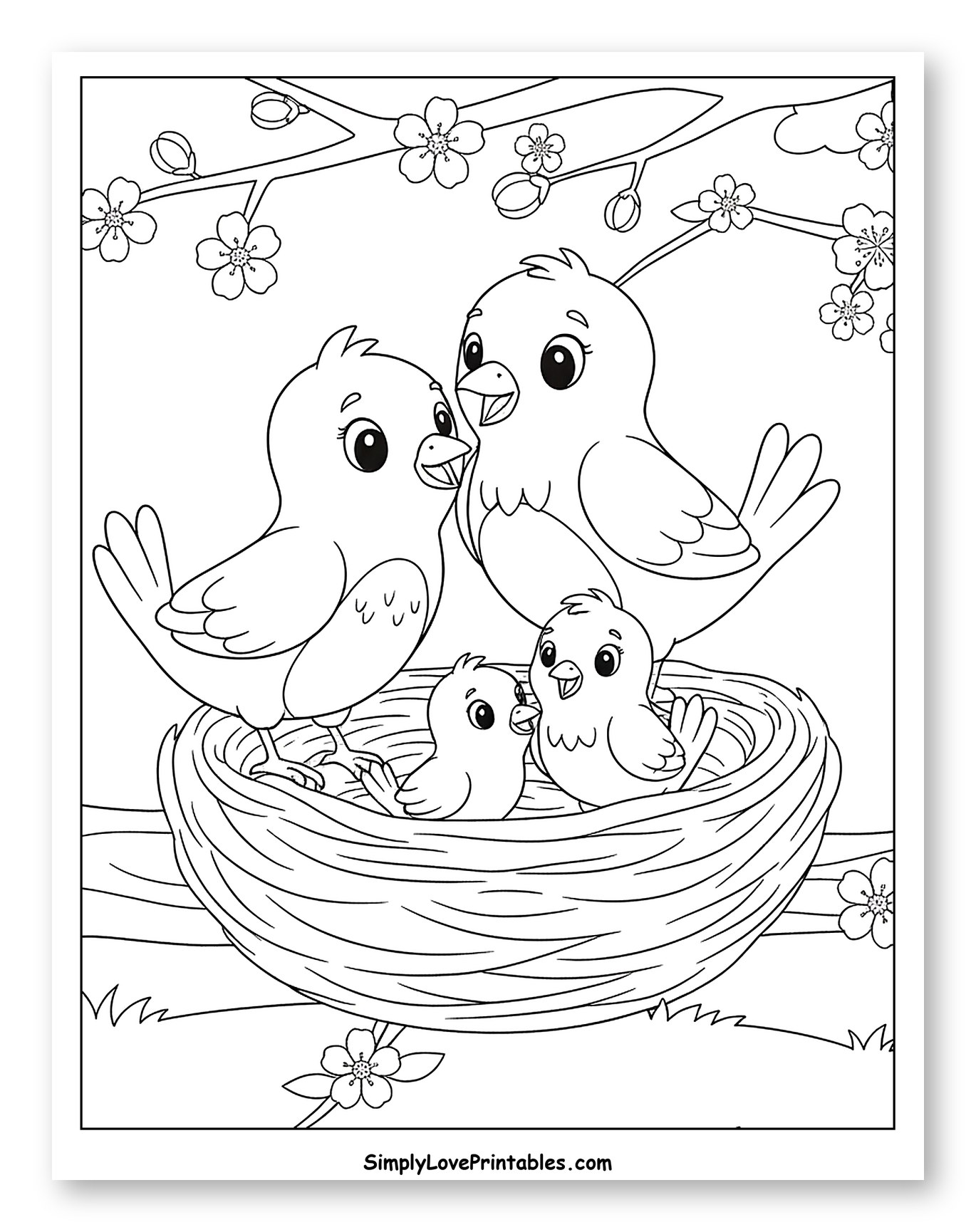 Bird Family in Nest with Spring Blossoms Coloring Sheet for Kids