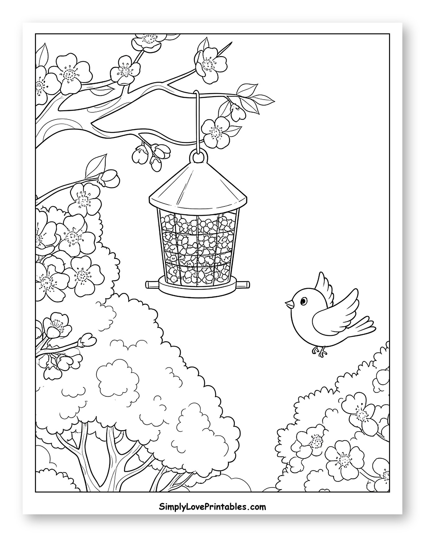 Bird Feeder in a Blooming Spring Garden Coloring Sheet for Kids