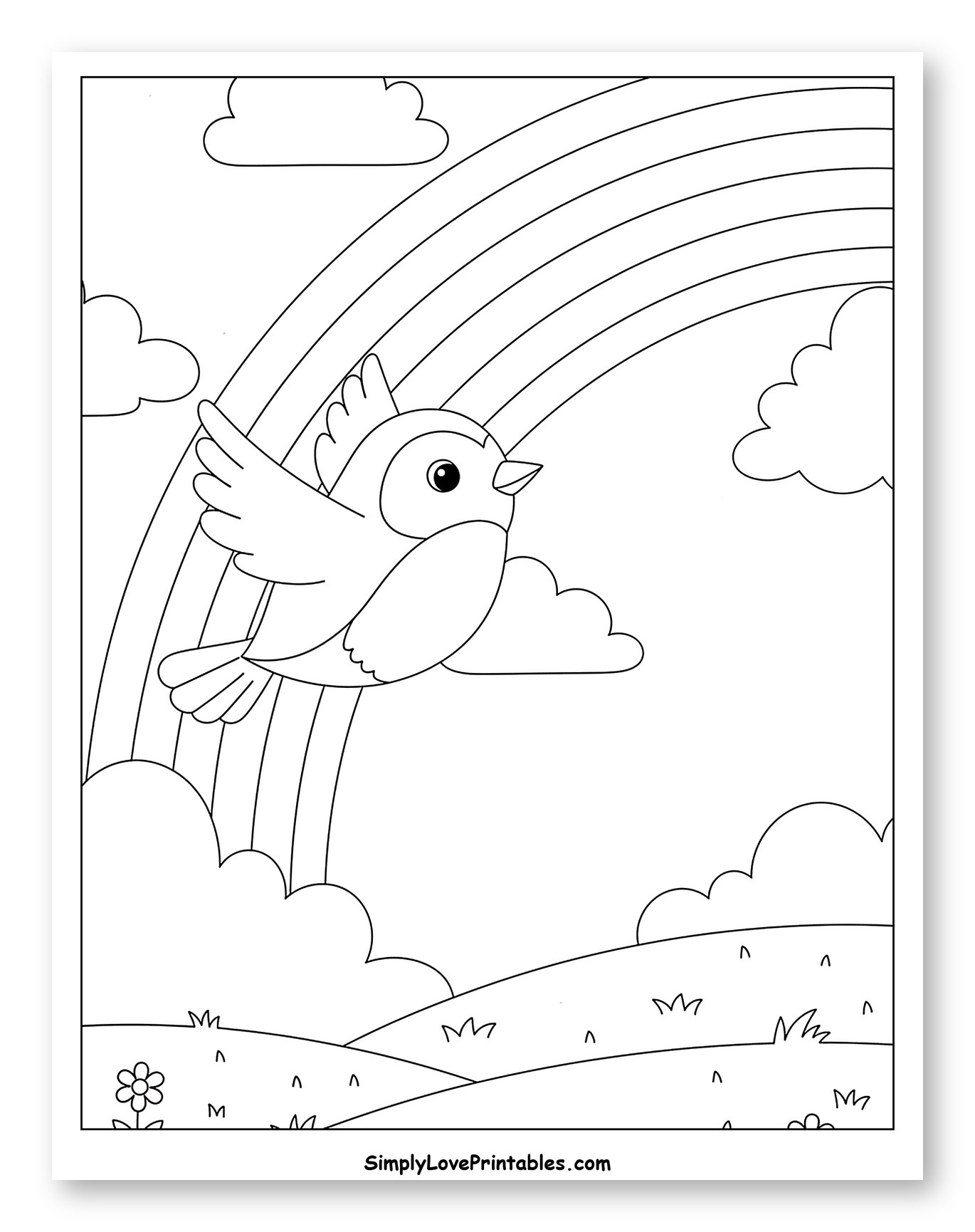 Bird Flying by a Rainbow Over Hills Coloring Page for Kids