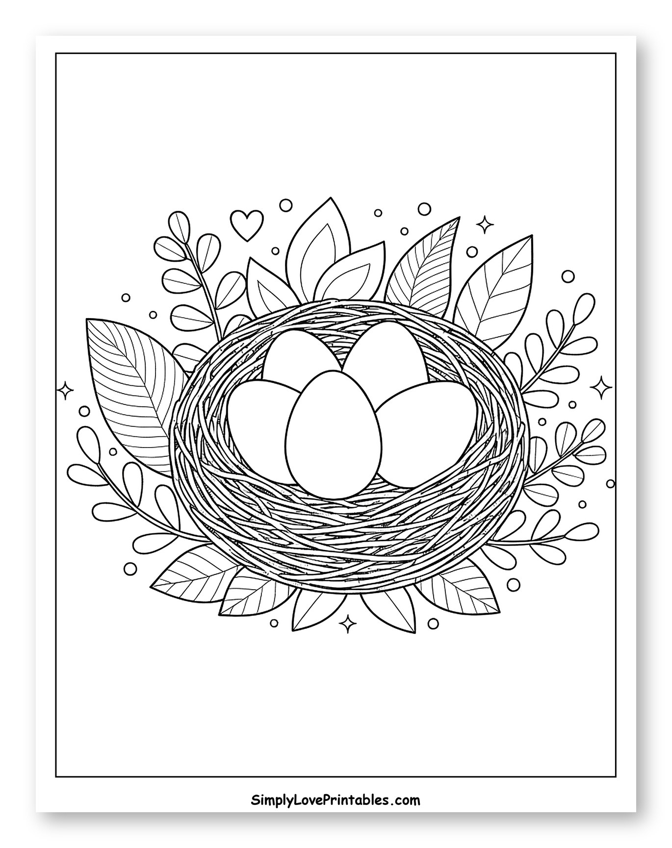 Bird Nest with Eggs and Leaves Coloring Sheet for Adults