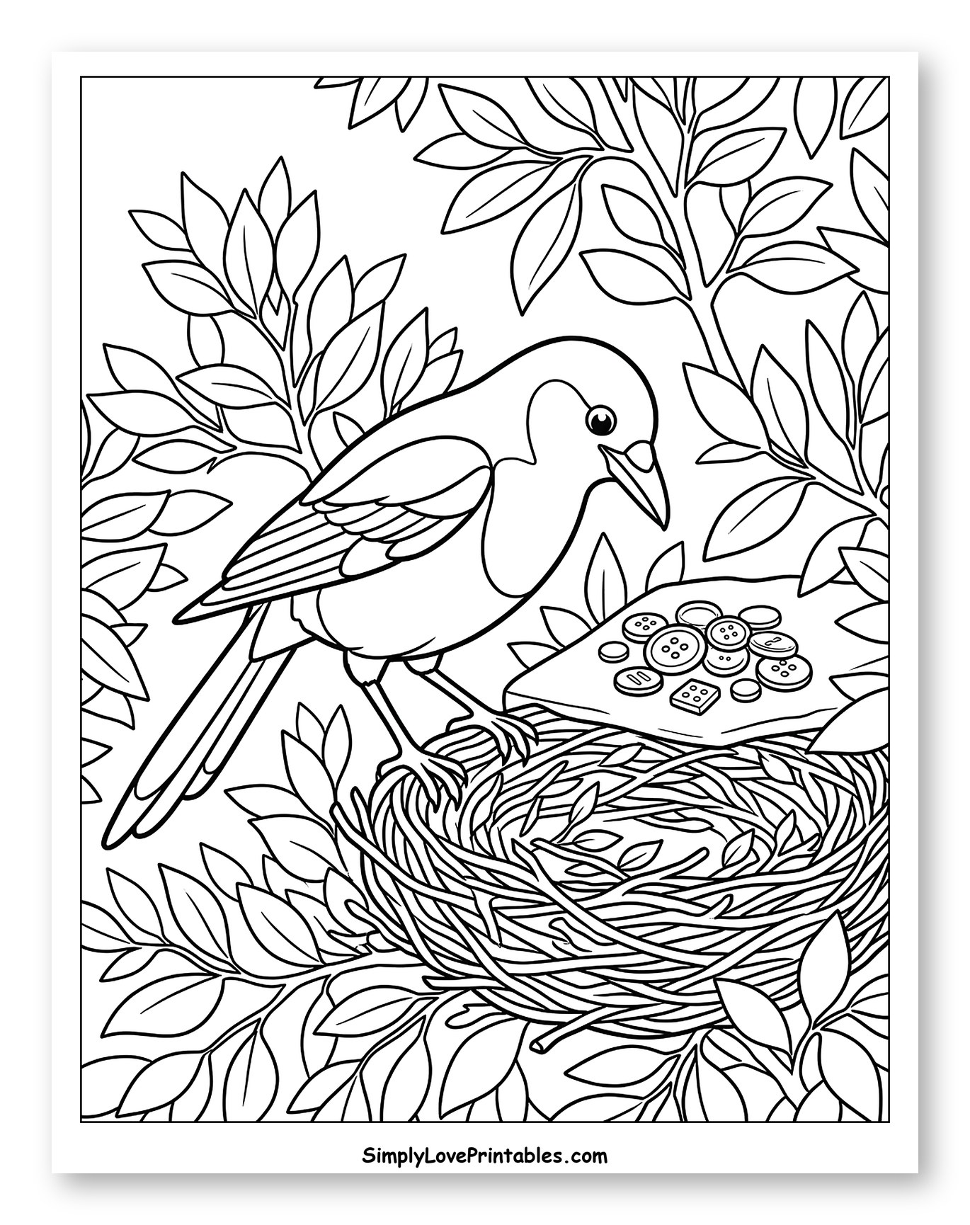 Bird on Branch with Nest and Buttons