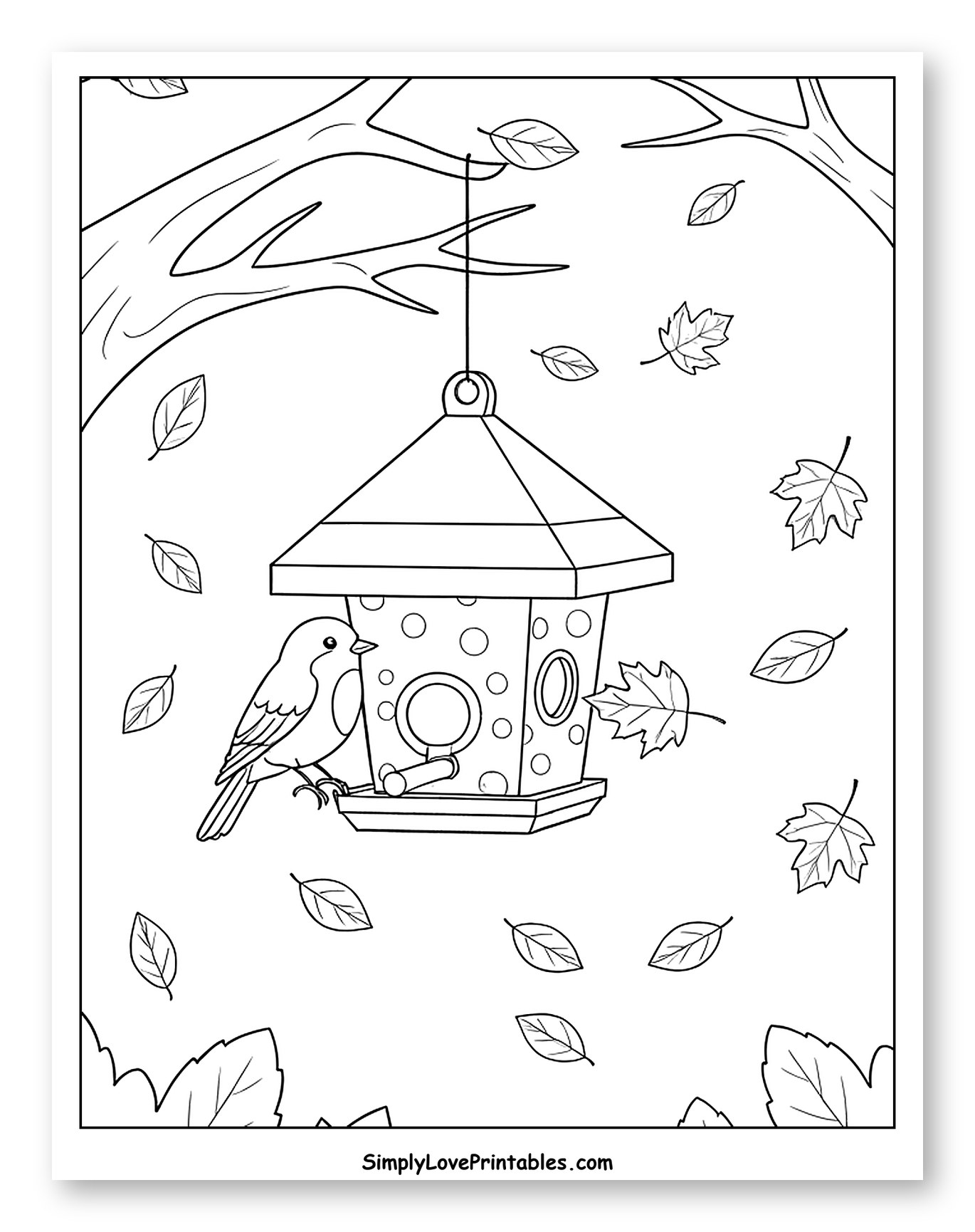 Bird on Feeder with Falling Autumn Leaves