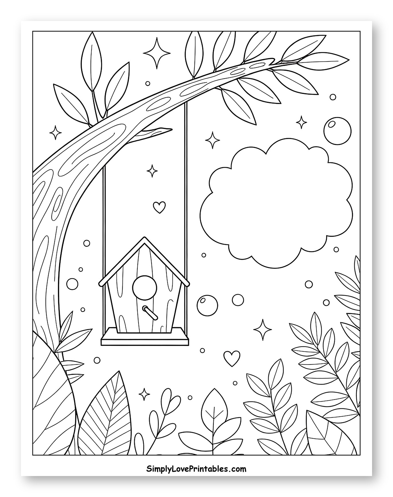 Birdhouse Hanging from a Tree Branch with Leaves Coloring Page for Adults