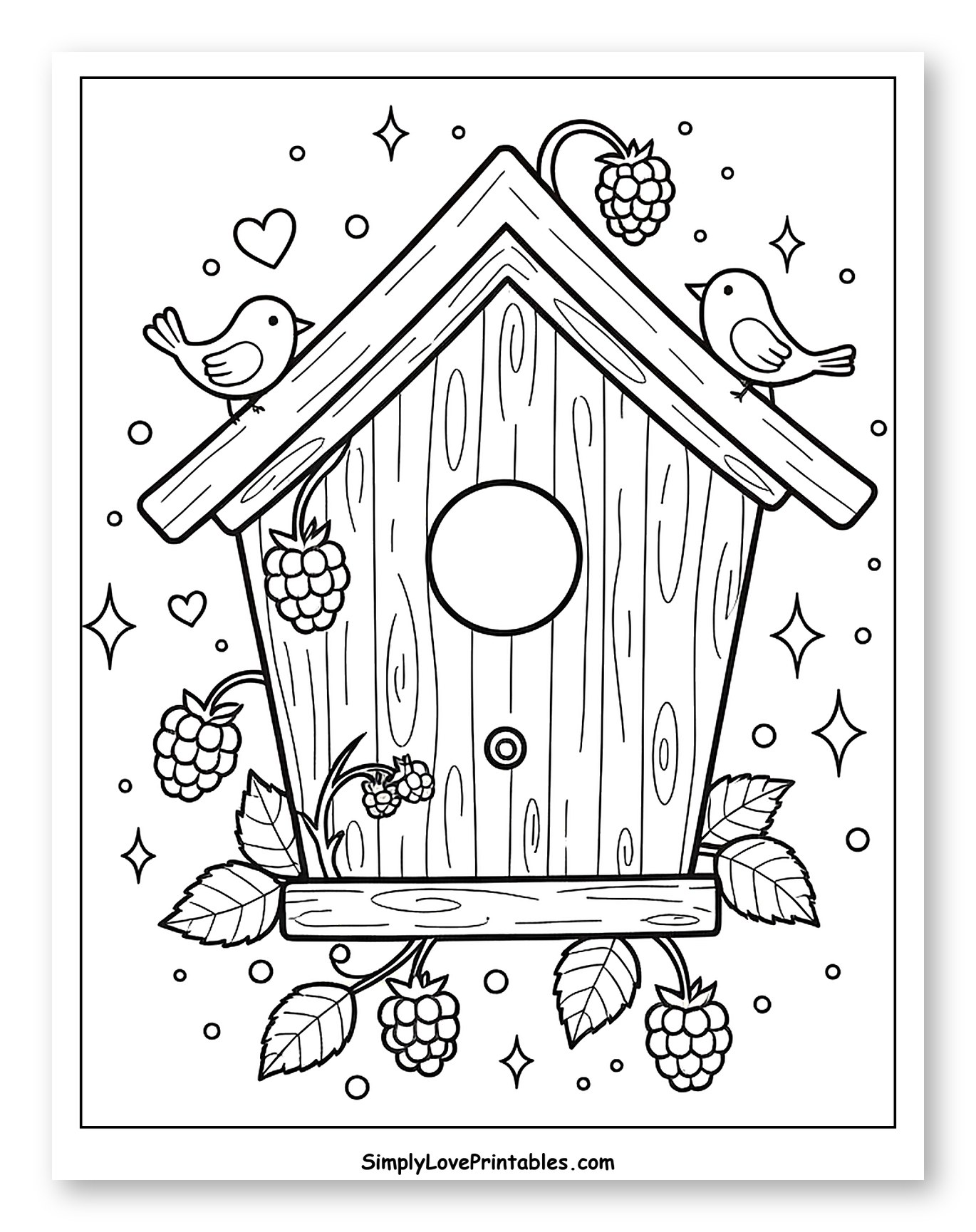 Birdhouse with Birds and Raspberries Coloring Page for Adults