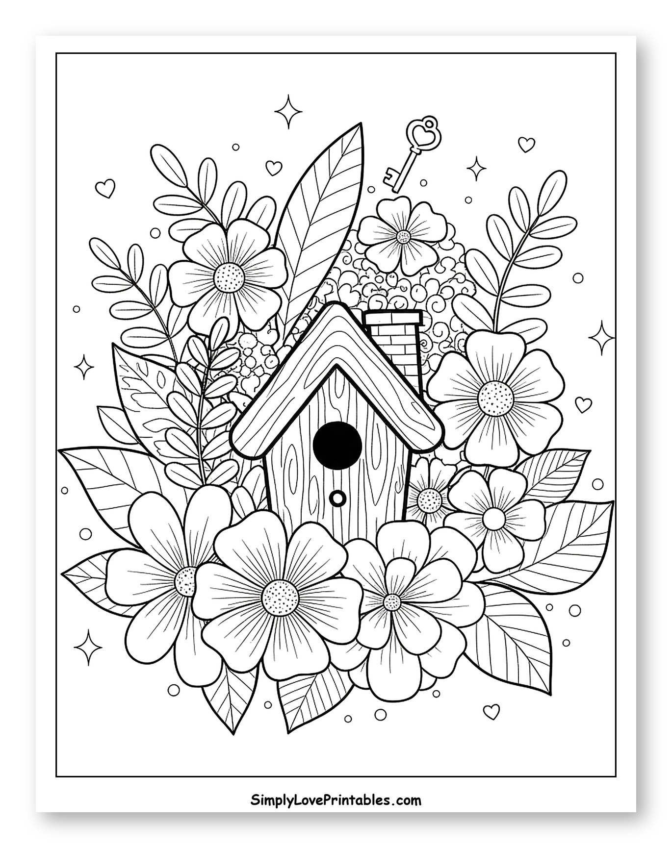 Birdhouse with Blooming Flowers and a Key