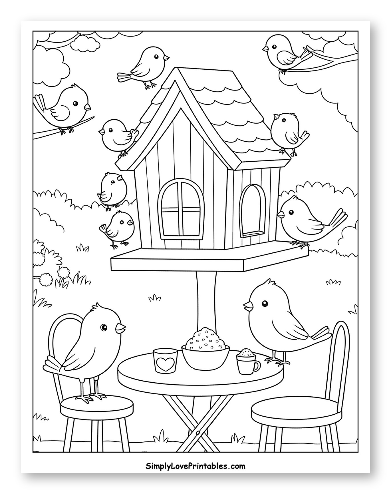 Birds Enjoying a Birdhouse and Picnic to Color for Kids