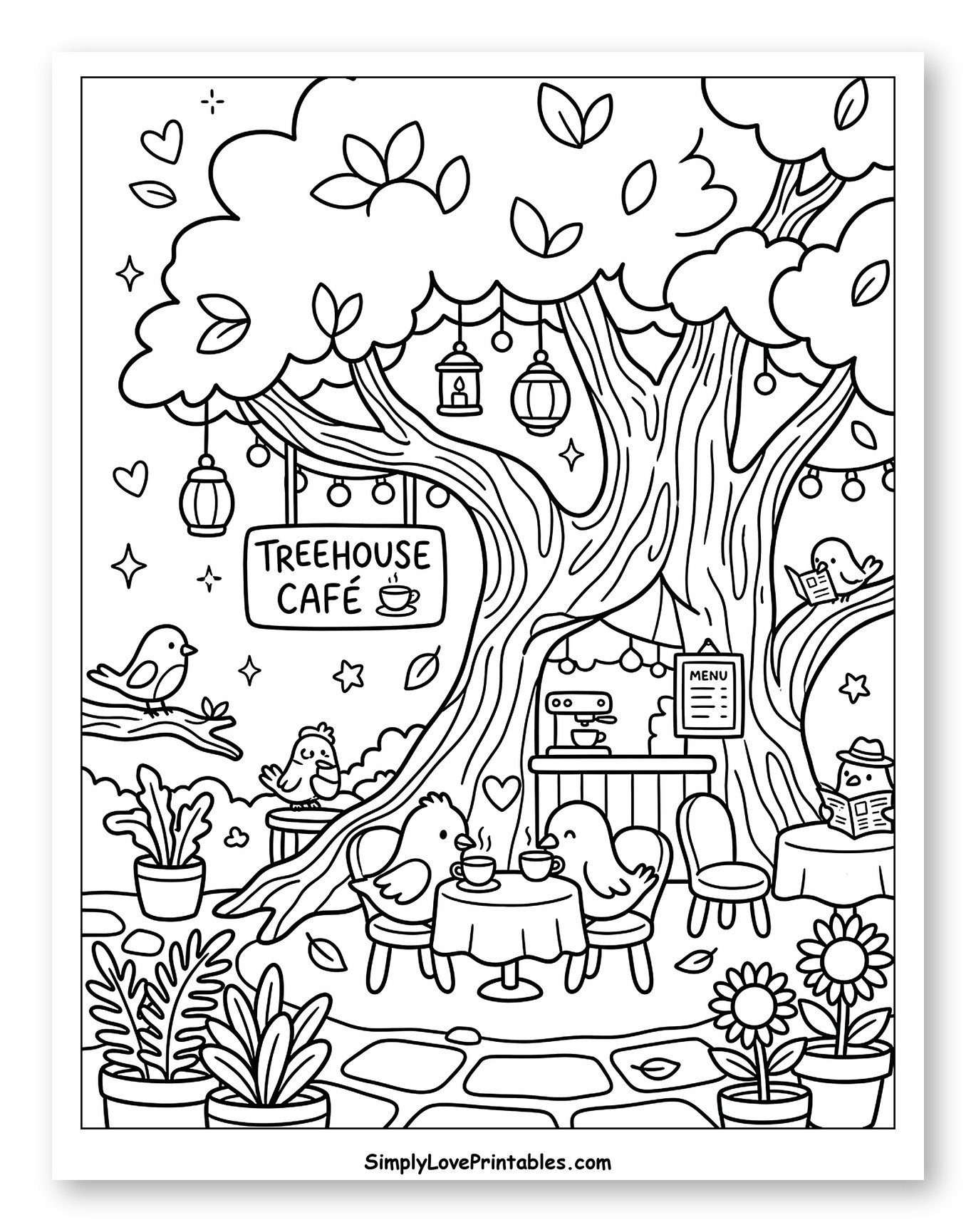 Birds Enjoying Coffee at Treehouse Café to Color for Adults