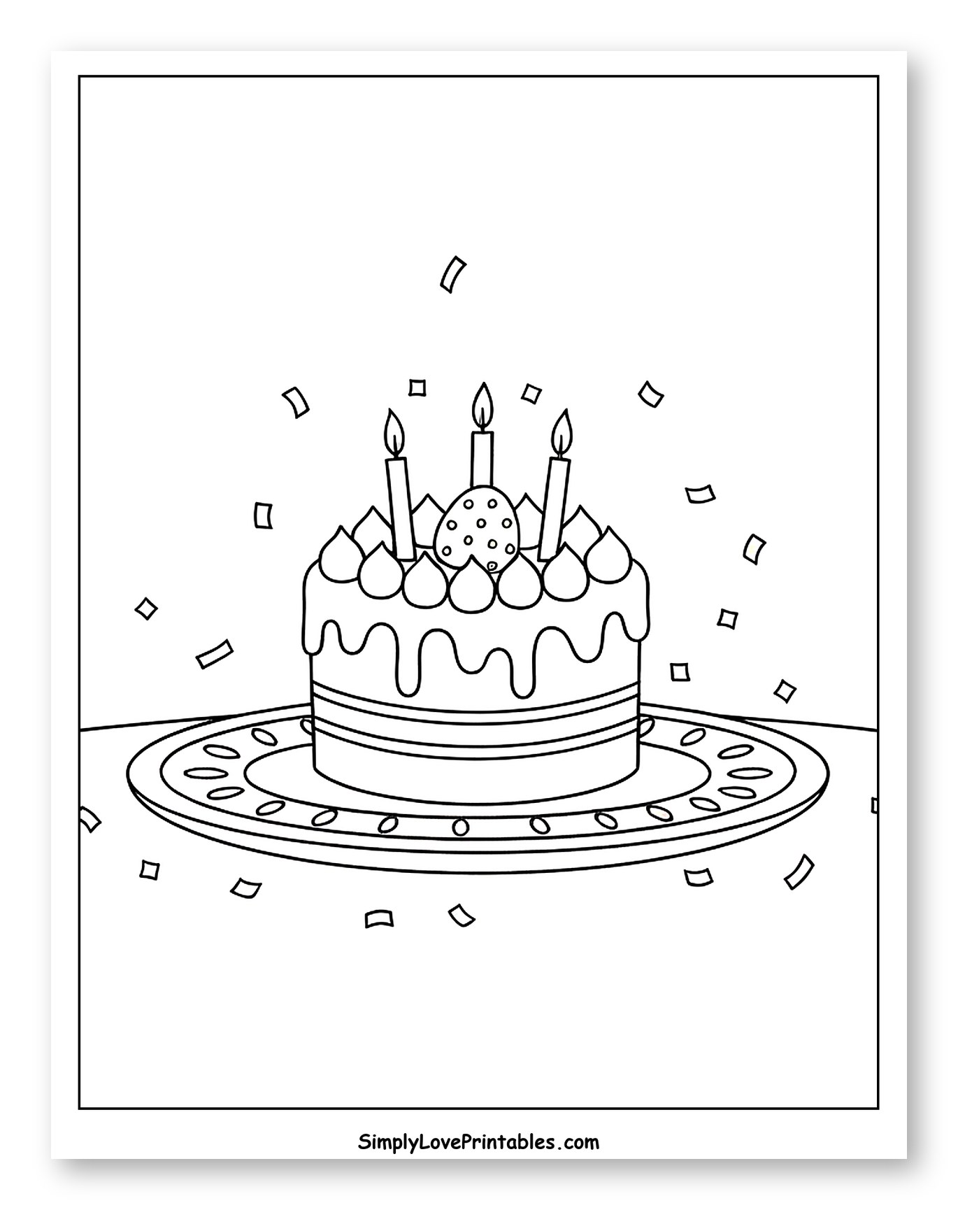 Birthday Cake with Candles and Confetti Coloring Page for Kids
