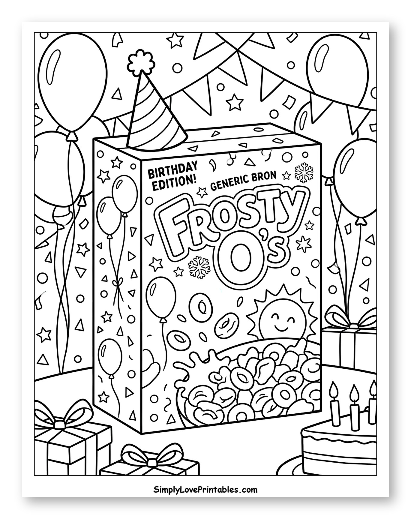 Birthday Celebration with Frosty O's Cereal Box Coloring Sheet for Kids