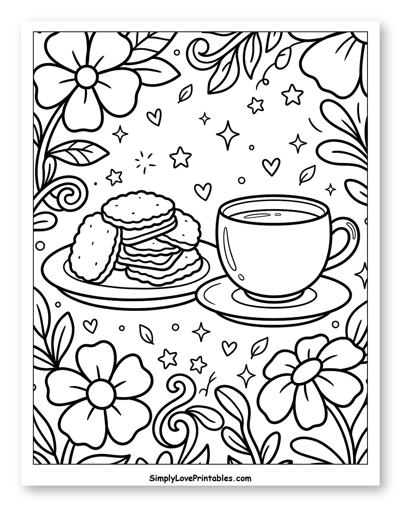 Biscuits and Tea with Floral Decorations Coloring Page for Adults