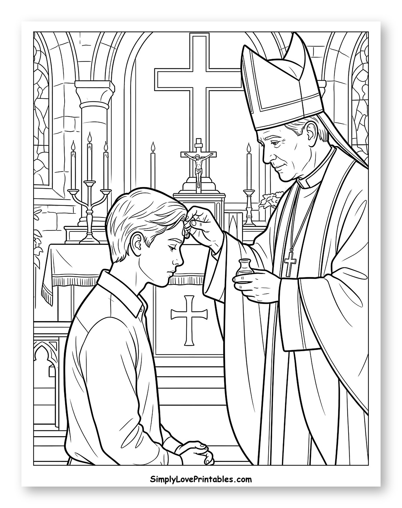 Bishop Anointing a Kneeling Boy in Church Coloring Sheet