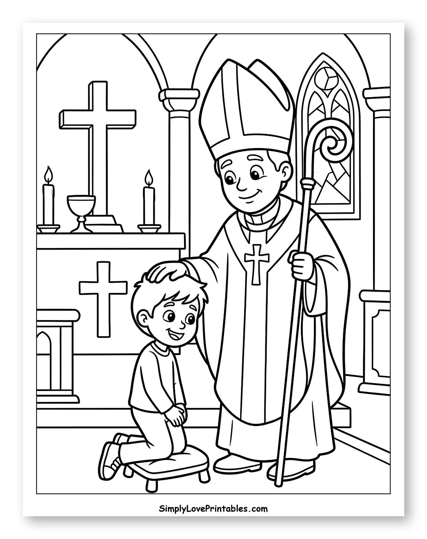 Bishop Confirming a Boy in Church Coloring Sheet for Kids