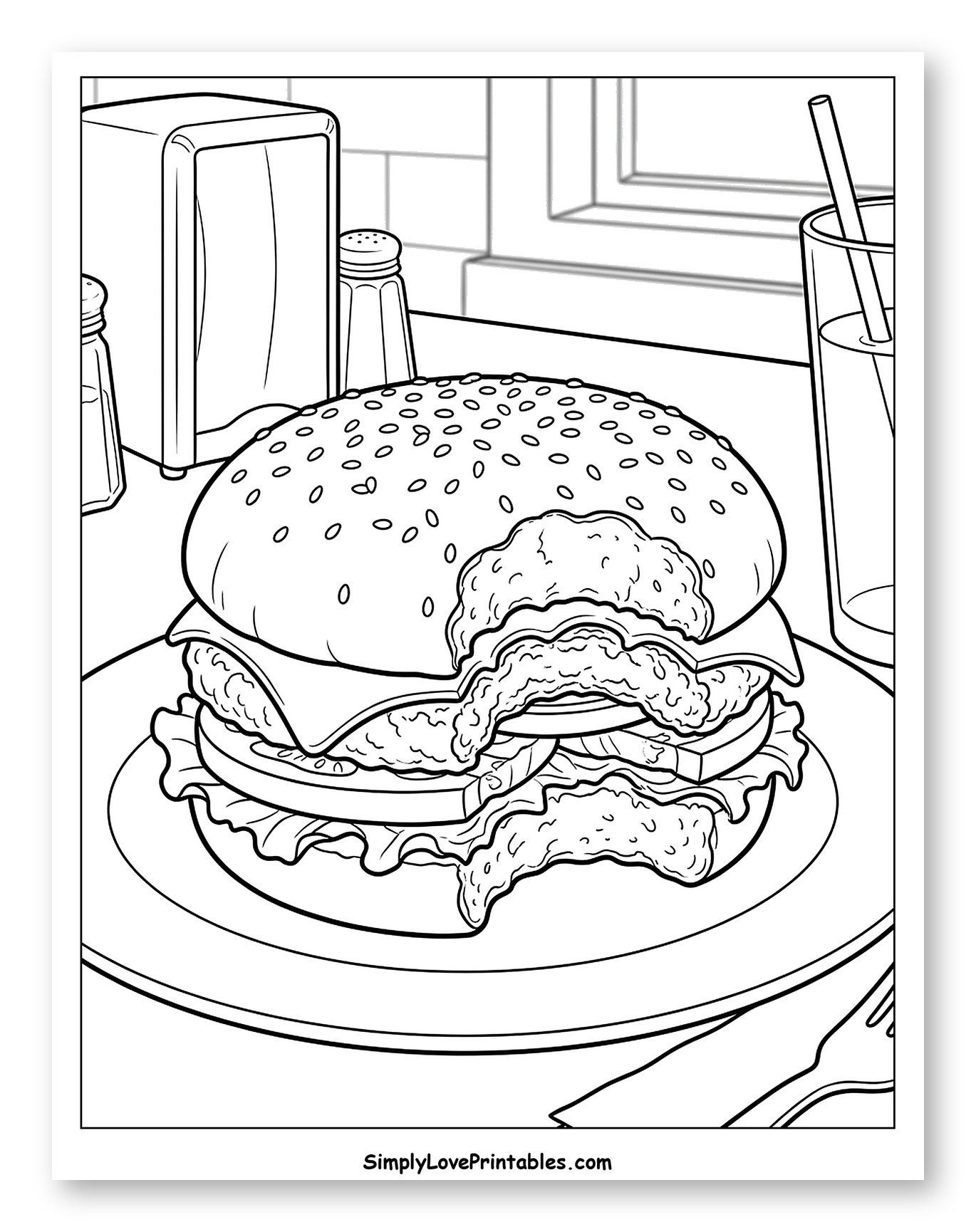 Bitten Burger with Diner Table Scene Coloring Page