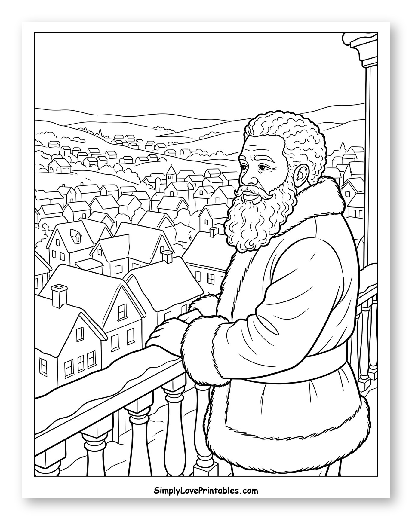 Black Santa Claus Gazing Over a Snowy Village