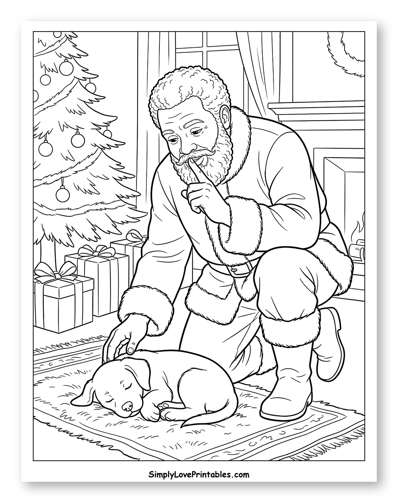 Black Santa Patting a Sleeping Christmas Puppy