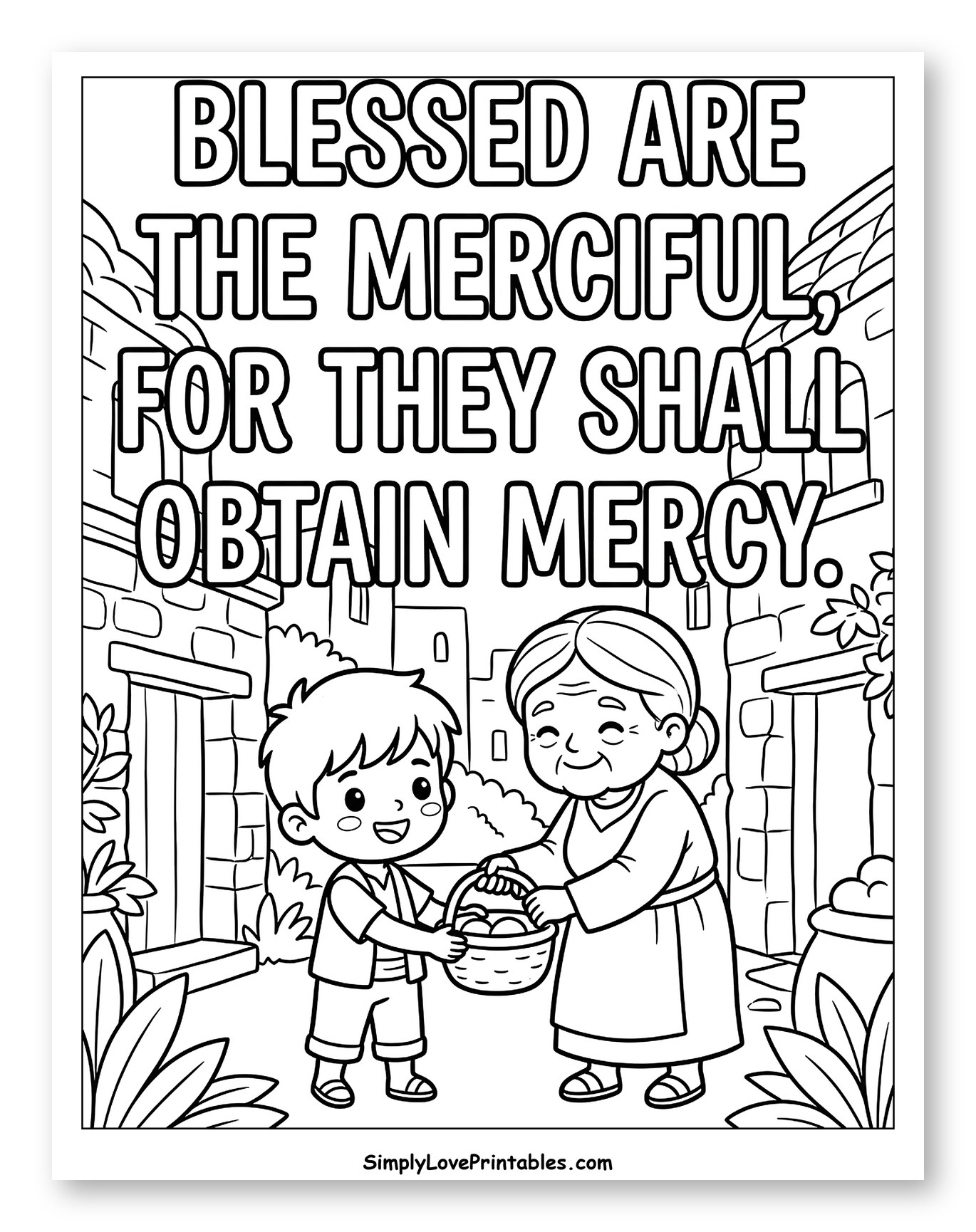 Blessed Are The Merciful Kindness Scene Coloring Sheet for Kids