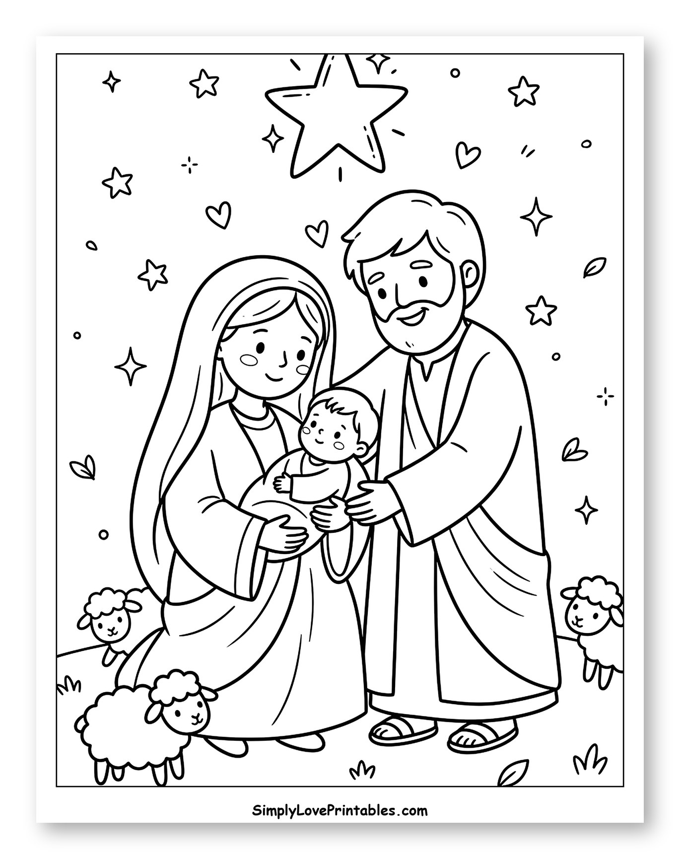 Blessed Holy Family with Baby and Sheep Coloring Sheet for Adults