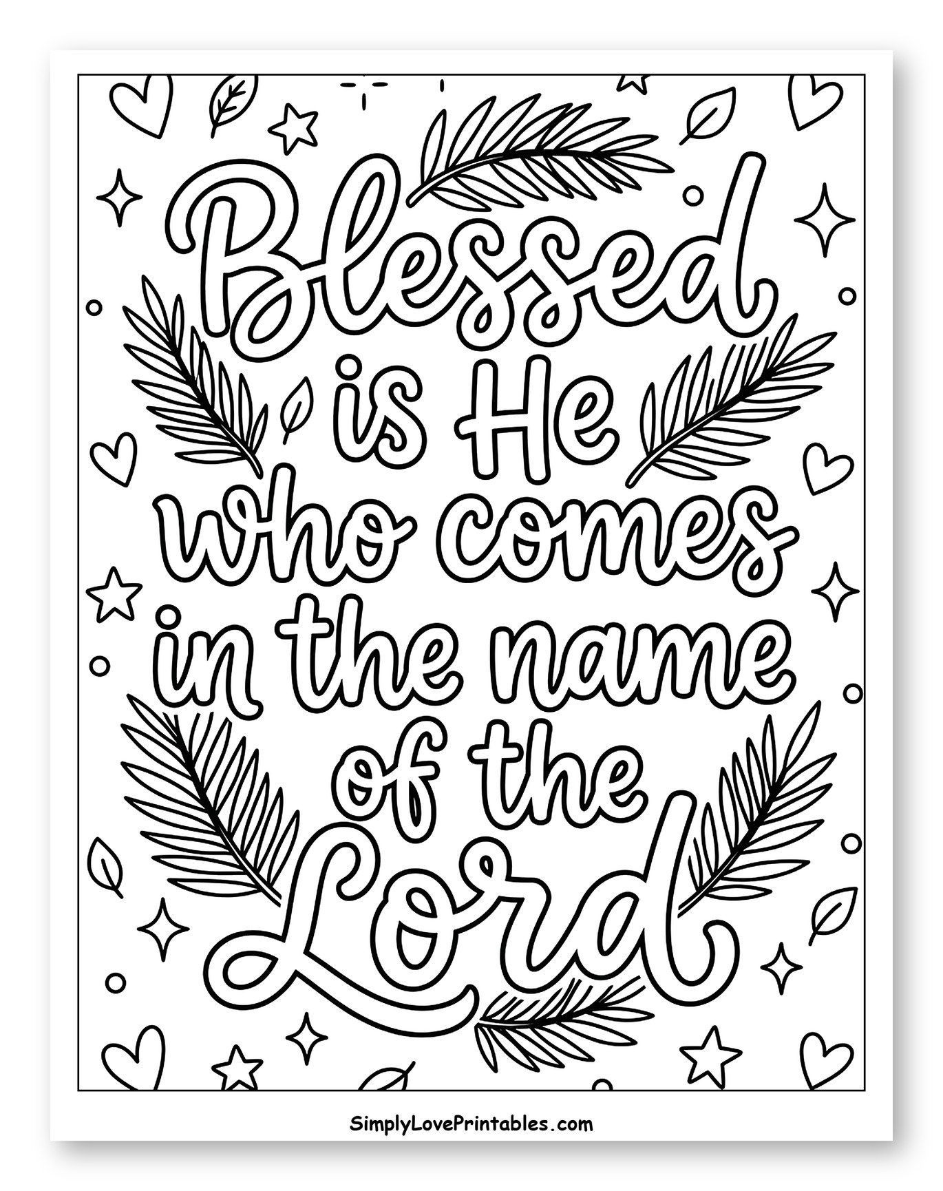 Blessed is He Who Comes Scripture with Palm Leaves Coloring Page for Adults