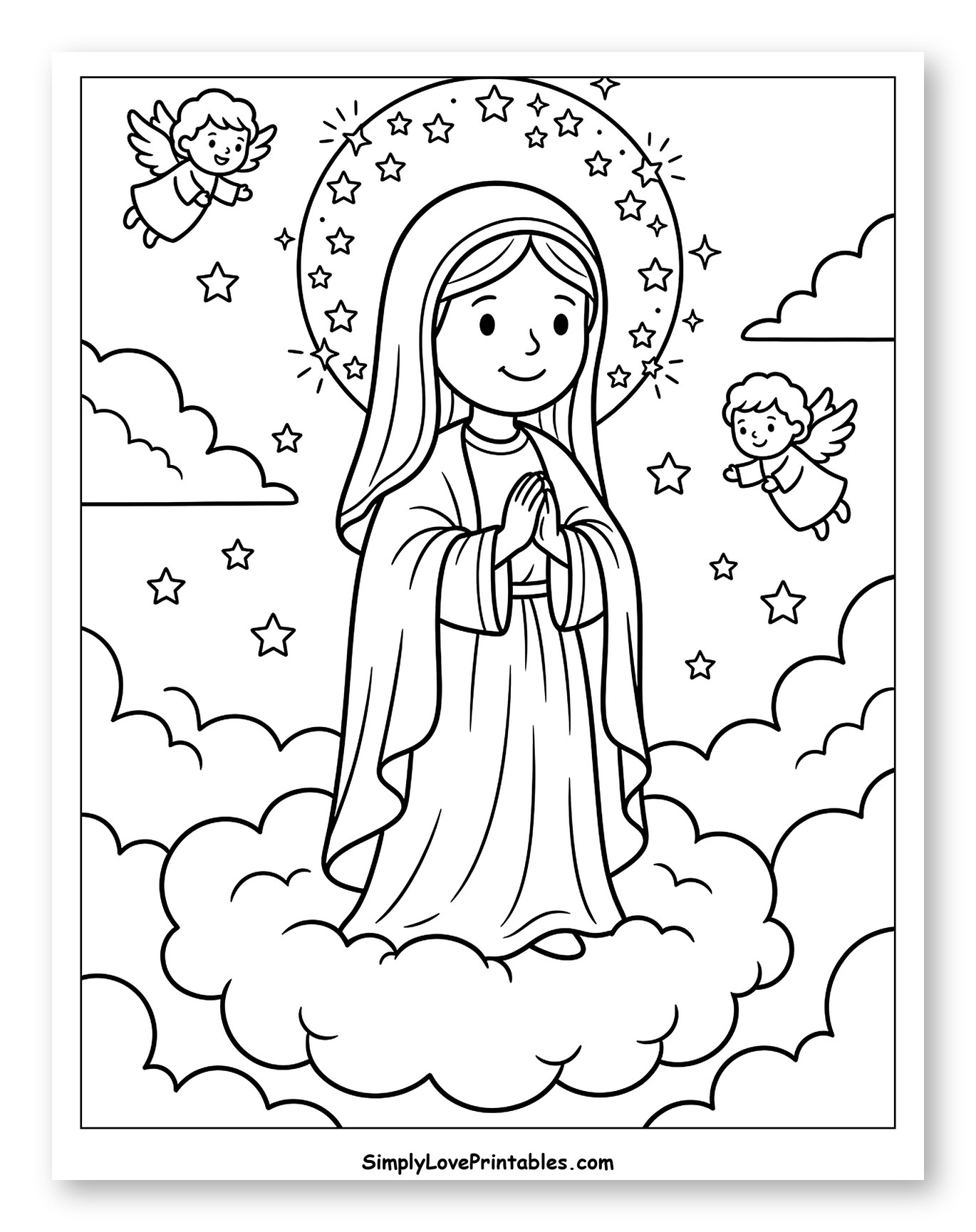 Blessed Mother on Clouds with Angels Coloring Page for Kids