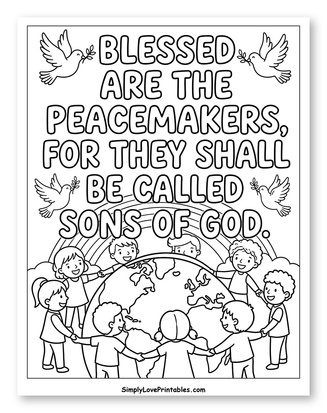 Blessed Peacemakers Verse with Children and Globe Coloring Sheet for Kids