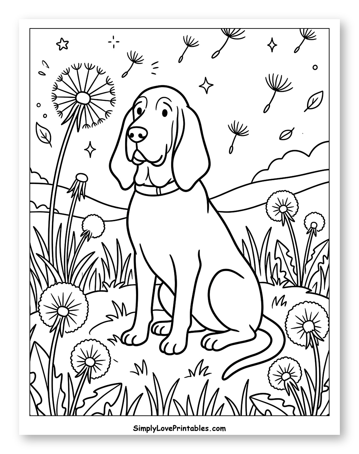 Bloodhound Dog with Blowing Dandelion Seeds