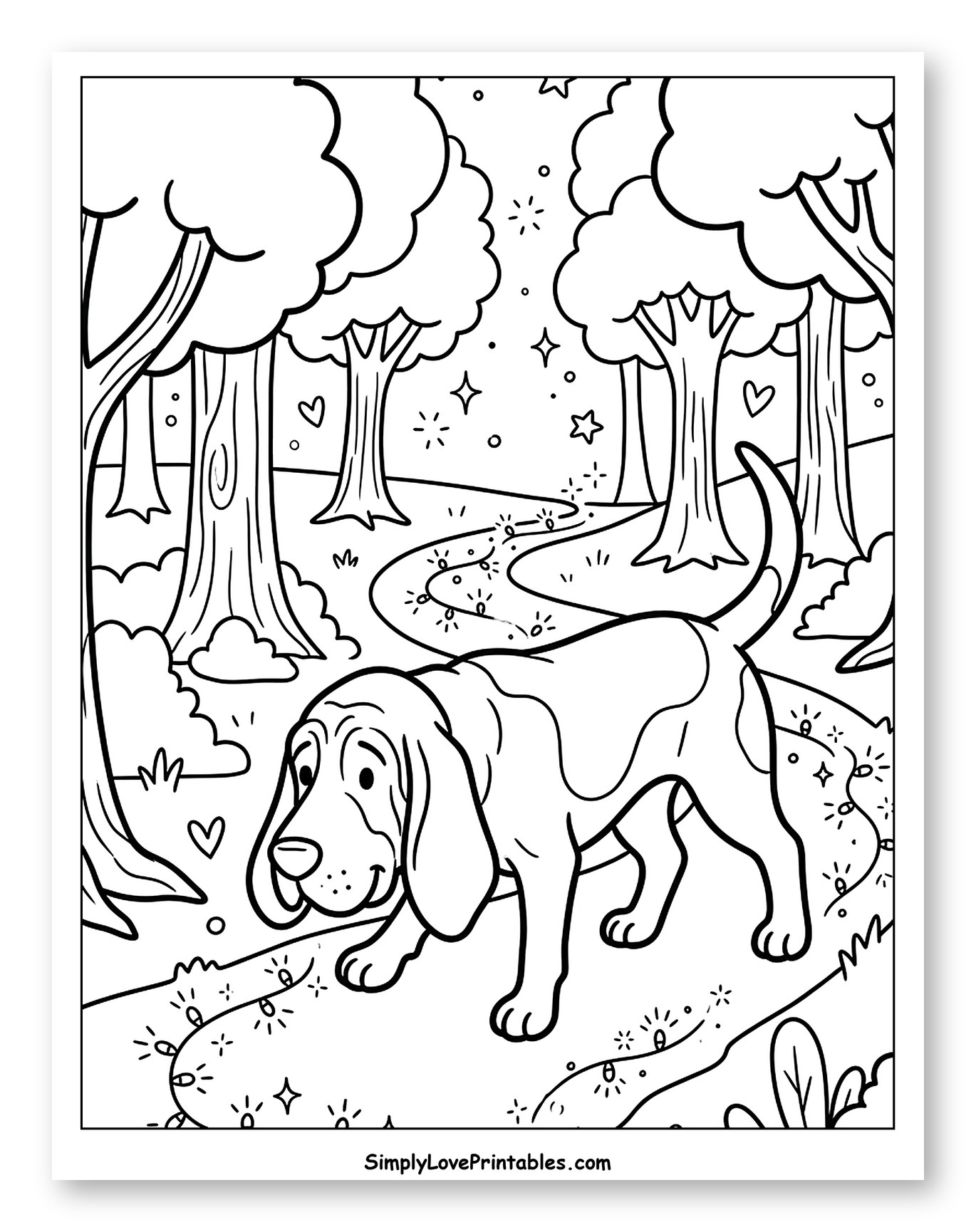 Bloodhound Walking in a Magical Forest Path Coloring Page for Adults