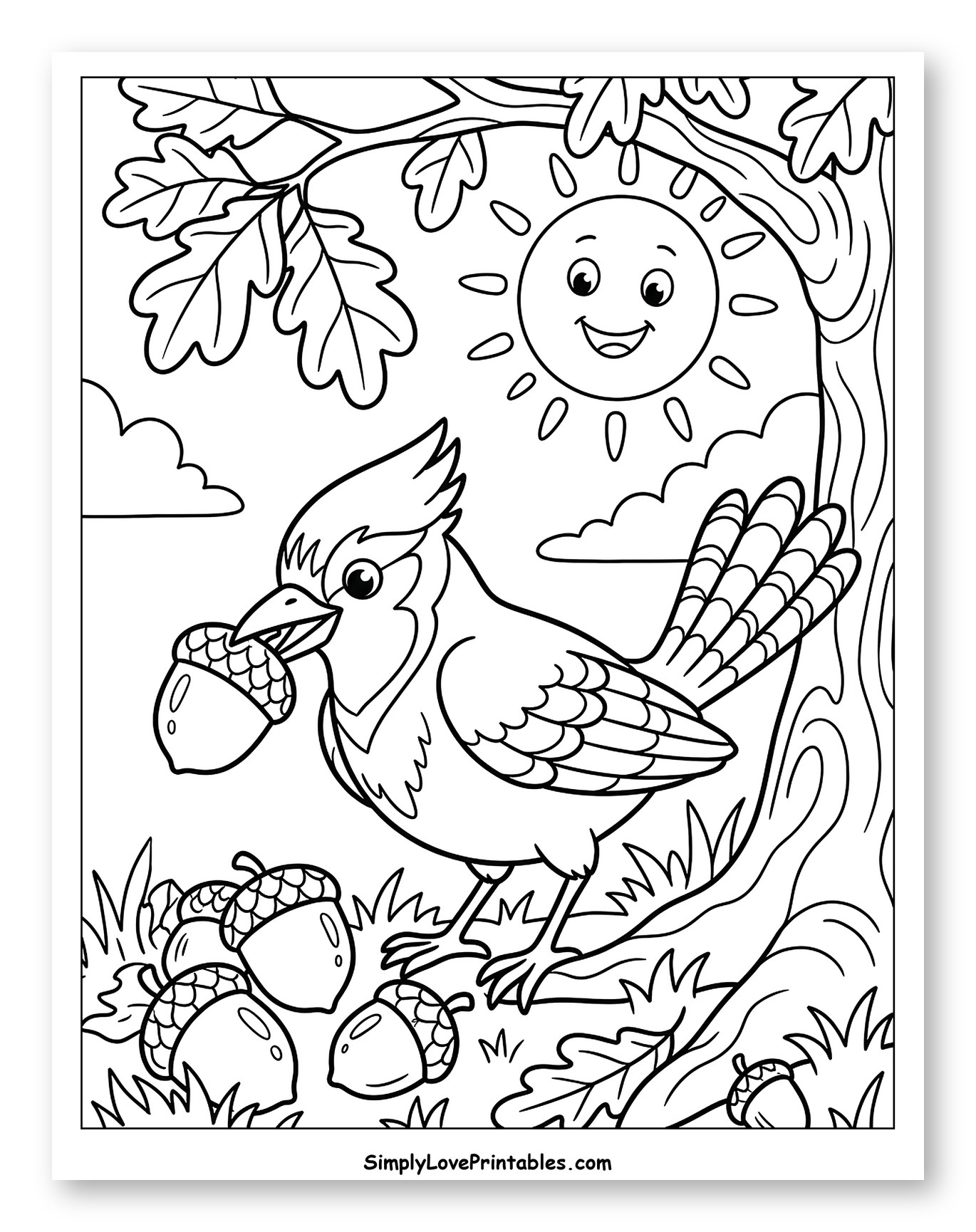 Blue Jay with Acorn and Smiling Sun