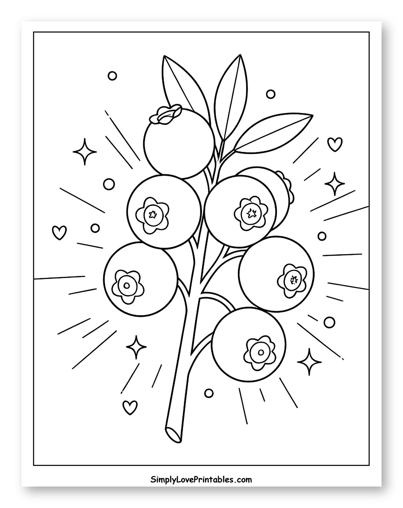 Blueberry Branch with Sparkles and Hearts Coloring Sheet for Adults
