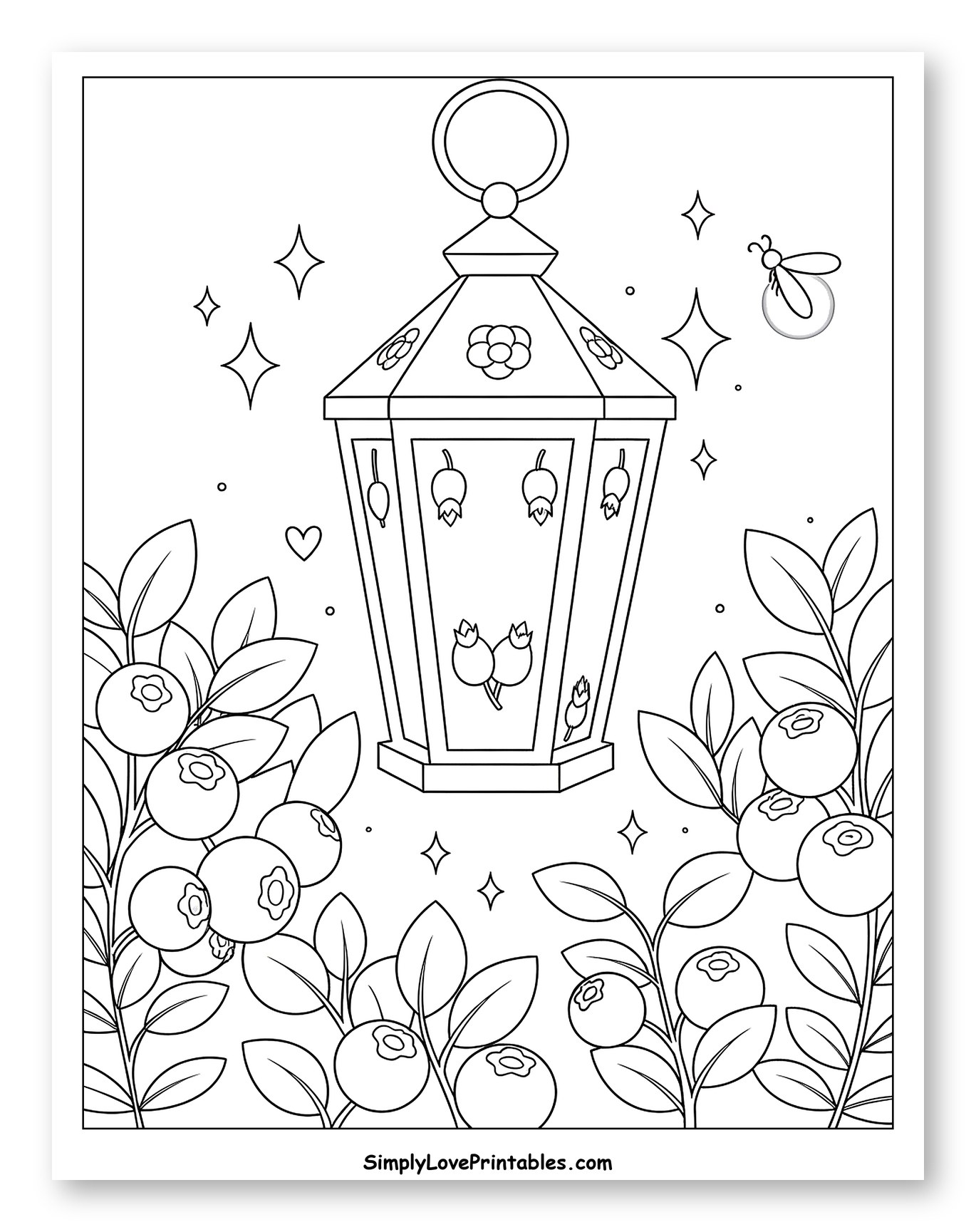 Blueberry Bushes with a Glowing Lantern Coloring Page for Adults