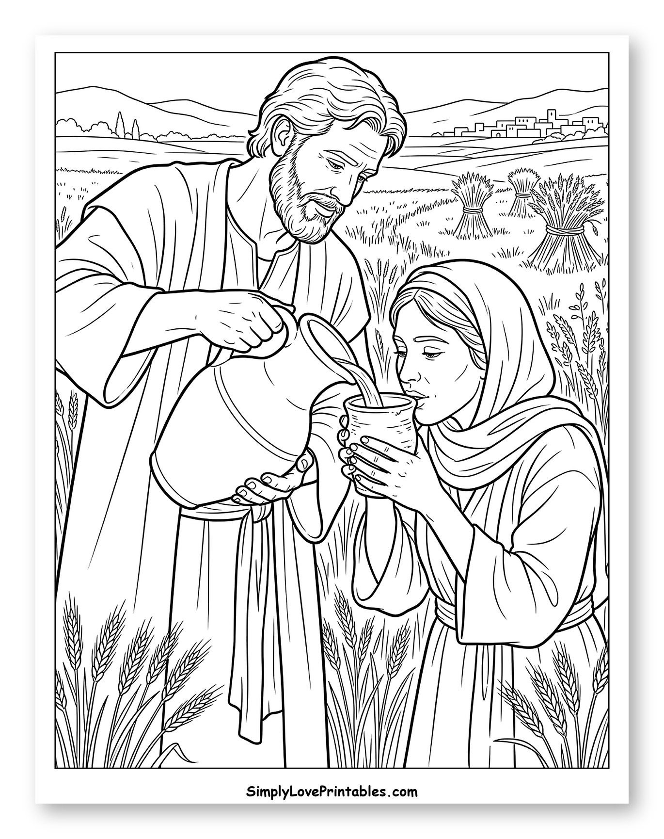 Boaz Serving Ruth Water in the Field Coloring Page
