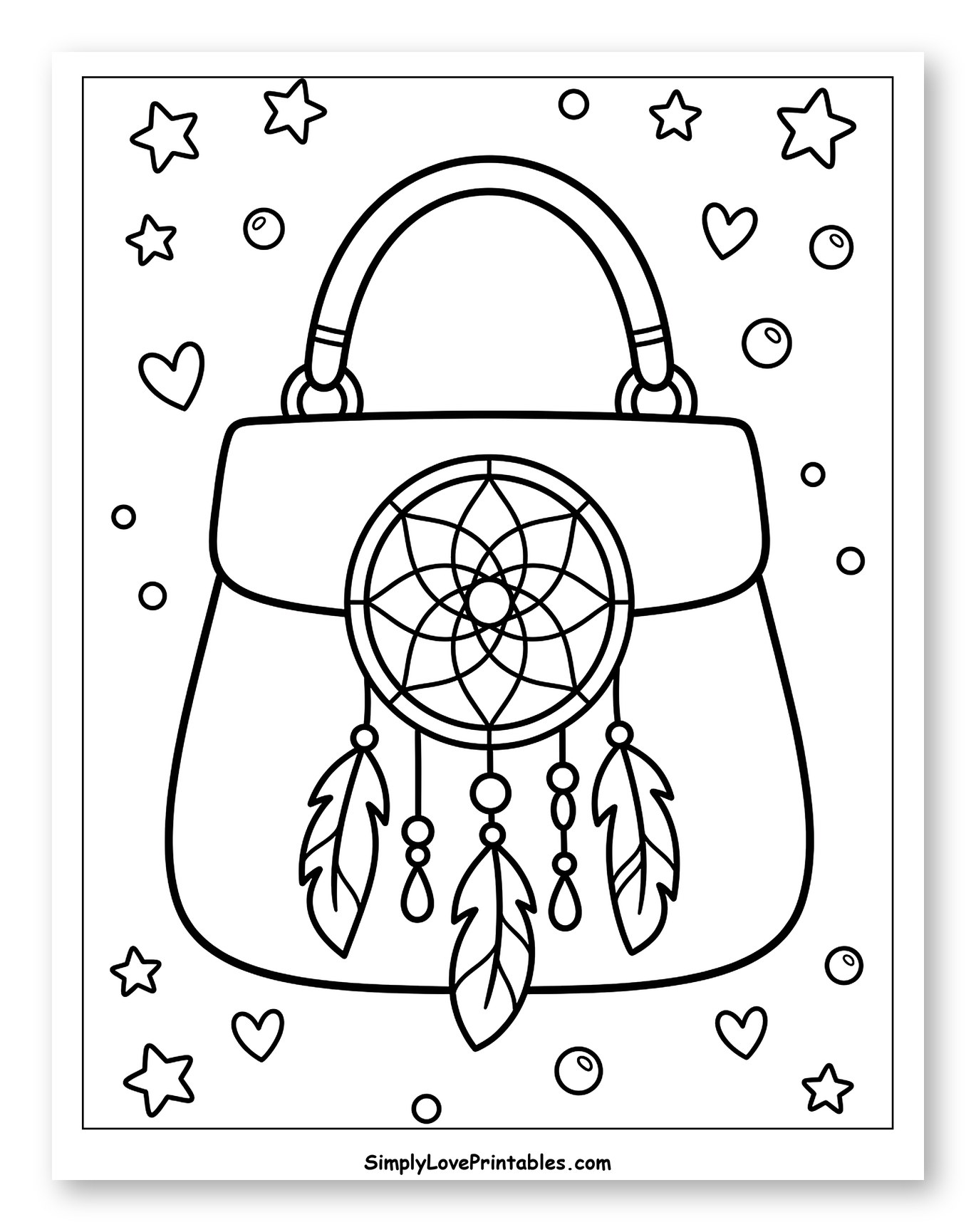 Bohemian Purse with Dreamcatcher and Feathers Coloring Sheet for Adults