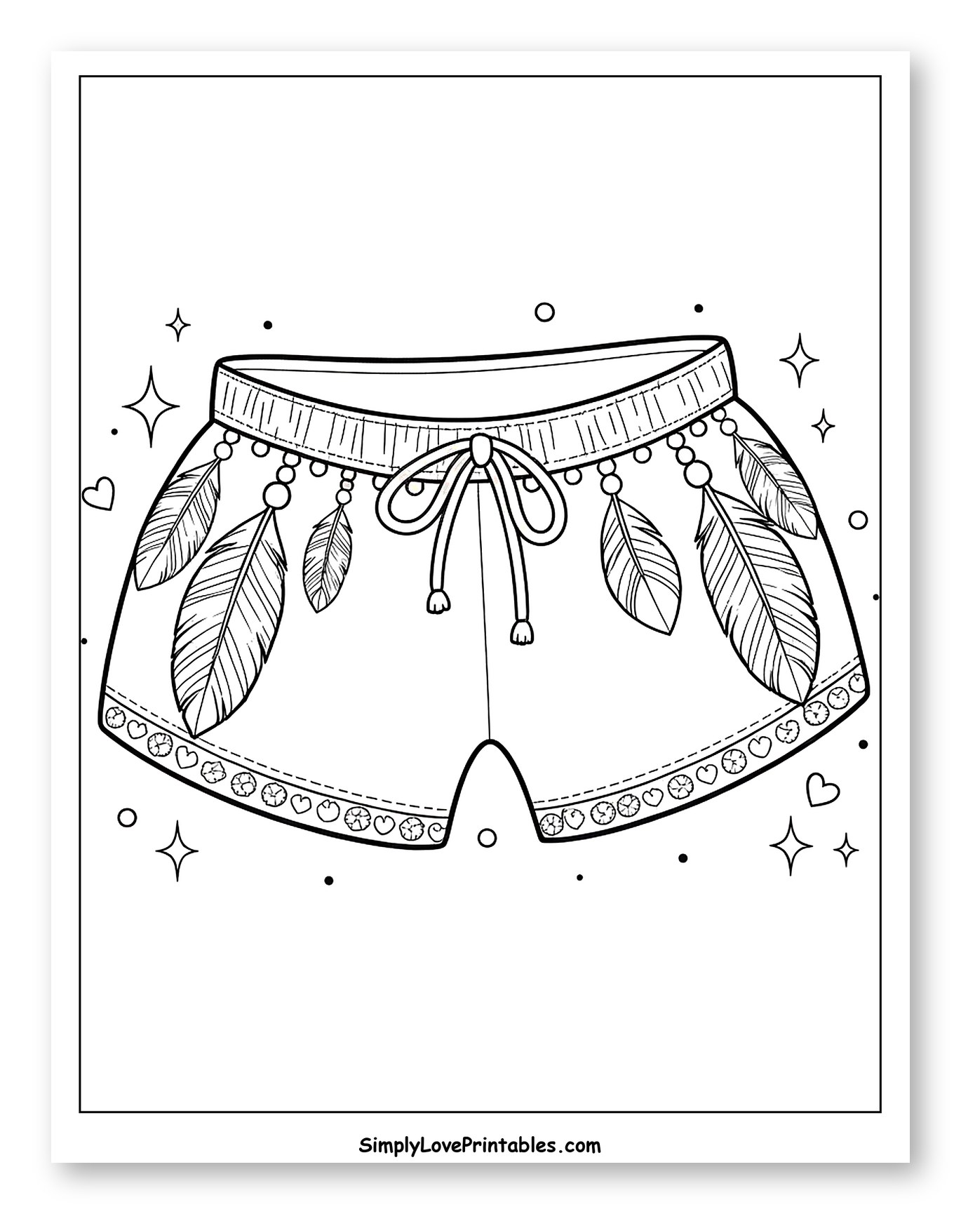 Boho Shorts with Feathers and Hearts to Color for Adults