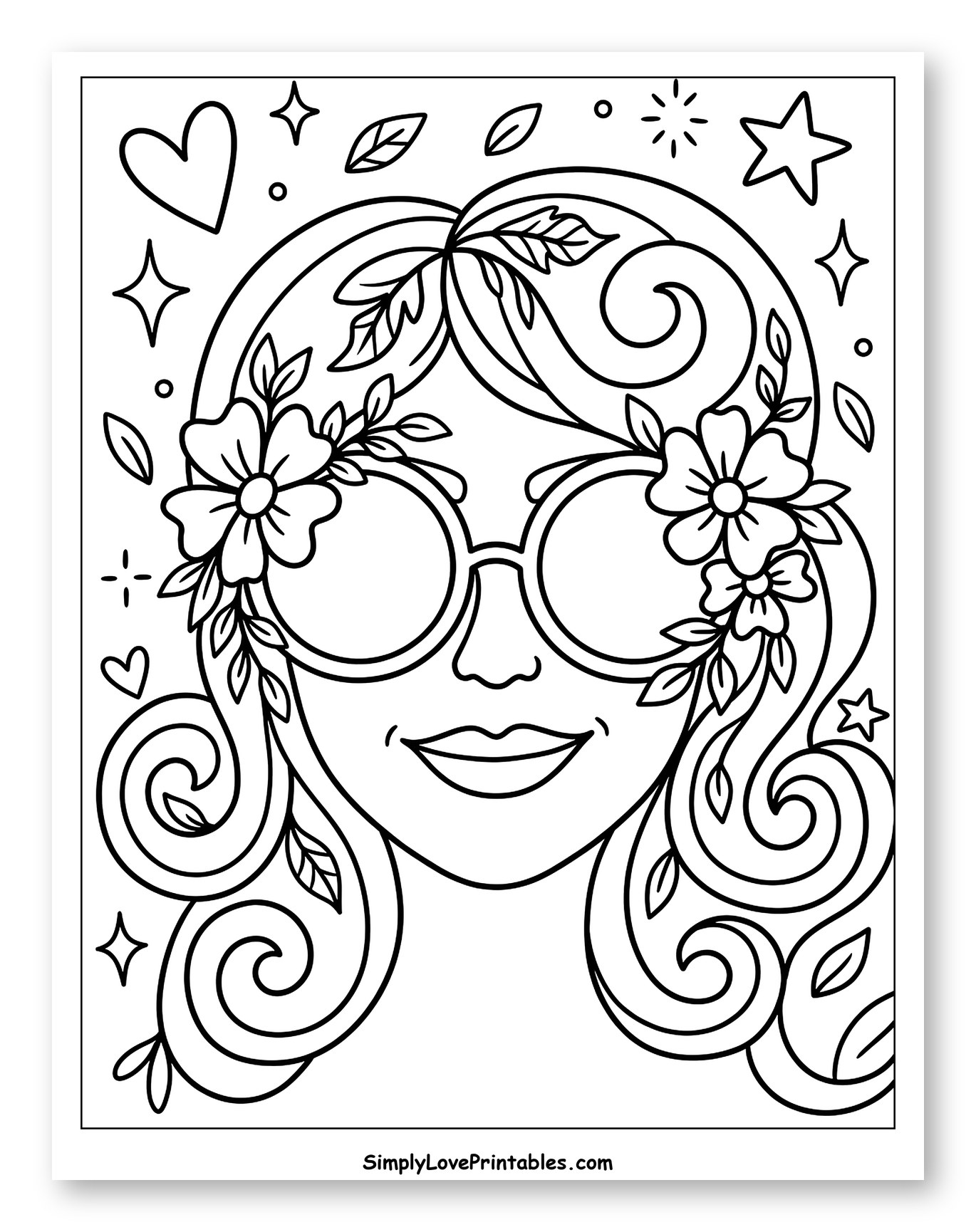 Boho Woman with Floral Sunglasses and Swirling Hair Coloring Page for Adults